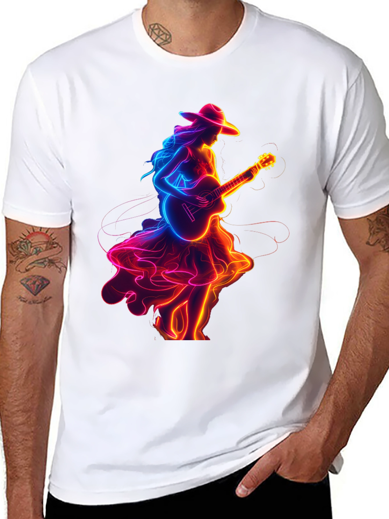 Black Neon Guitar Girl Graphic Tee view 8