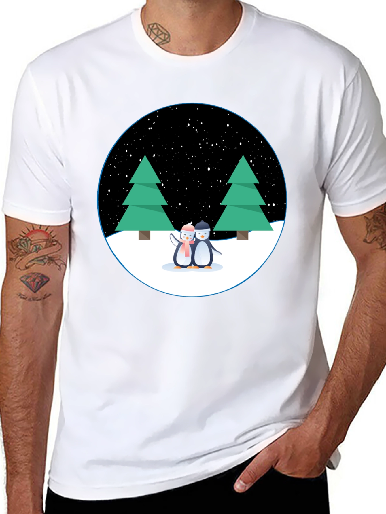 Black Penguin Winter Scene Black T-Shirt view 8