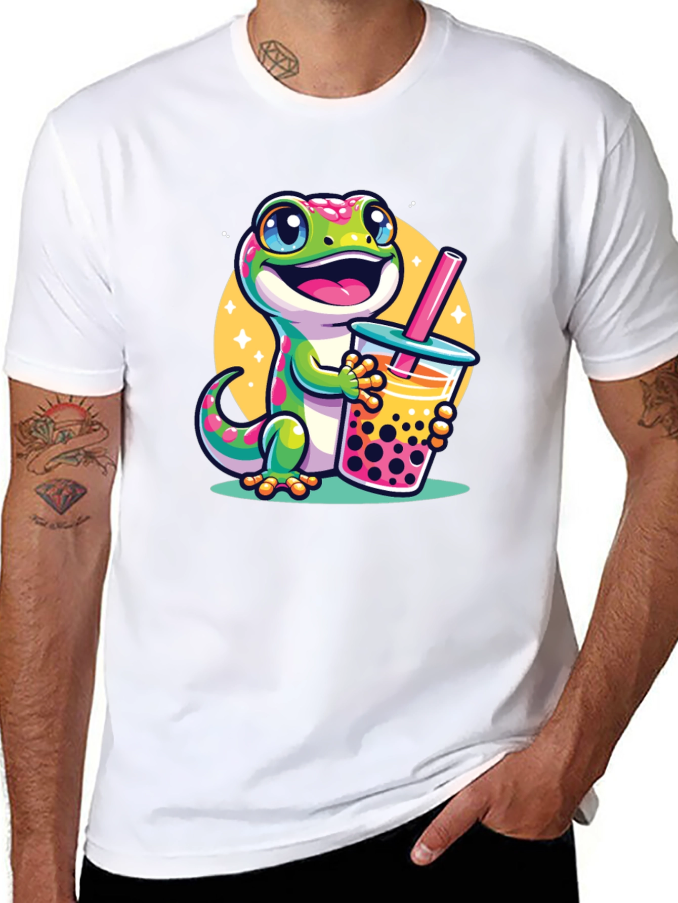 Black Cute Gecko Boba Tea Graphic T-Shirt view 8