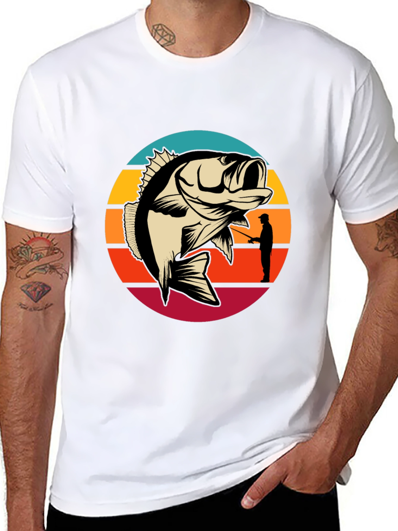 Black Fishing T-Shirt - Bass Silhouette Sunset Graphic Tee view 8