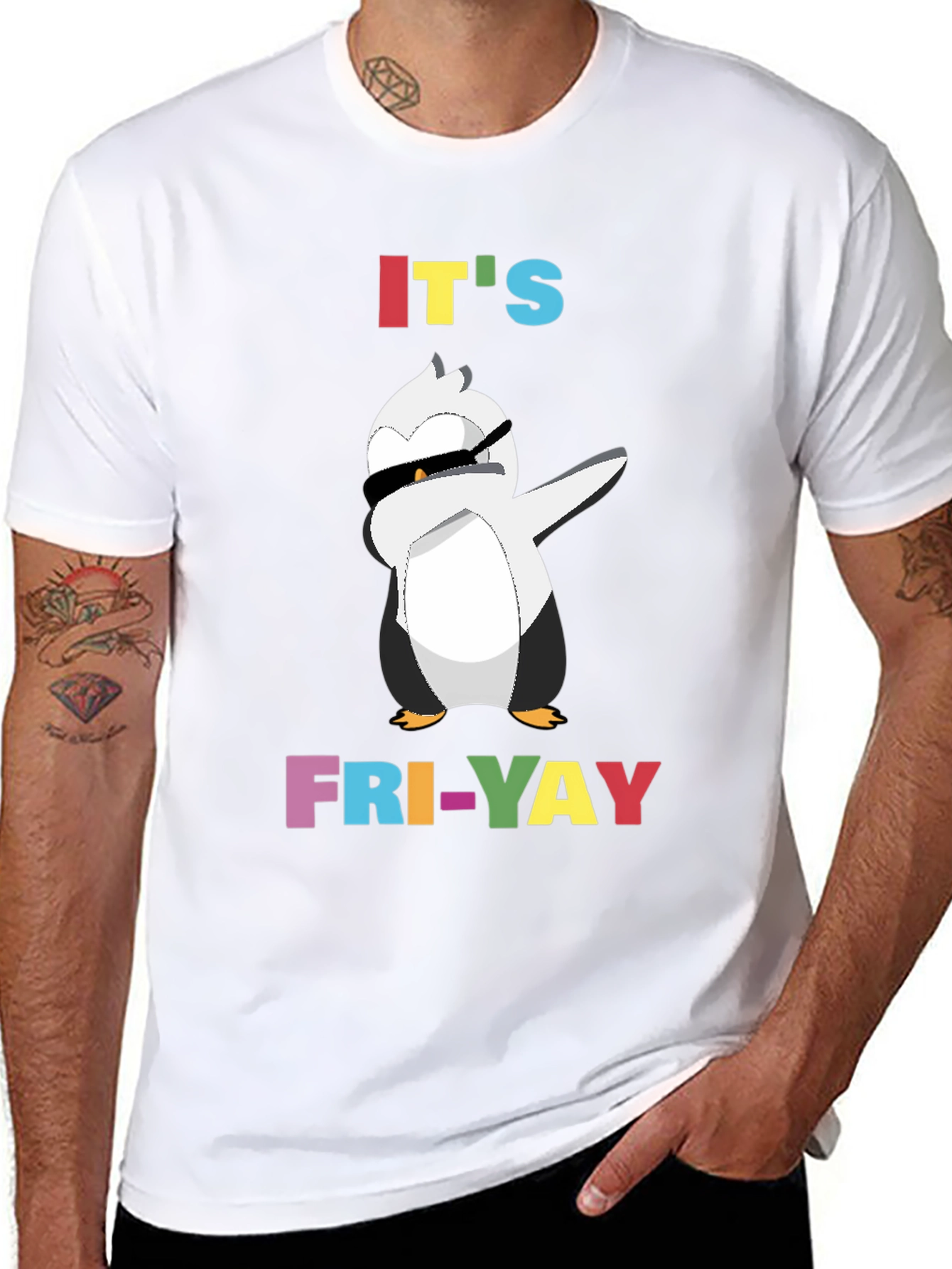 Black It's Fri-Yay Penguin Dabbing T-Shirt view 8