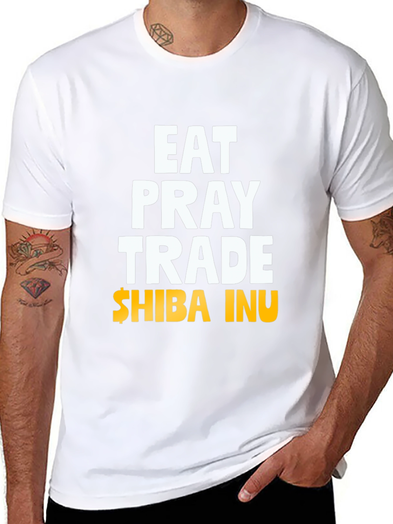 Black Eat Pray Trade Shiba Inu T-Shirt view 8