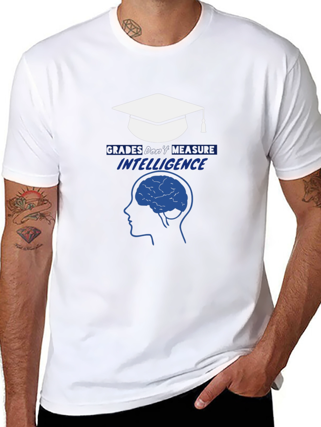Black Intelligence T-Shirt - Graduation Cap & Brain Design view 8