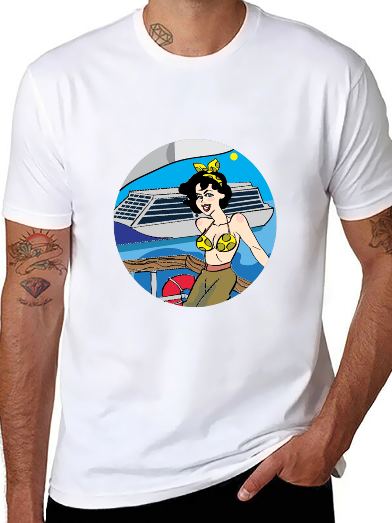 Black Cartoon Woman on Boat Graphic Tee - Black Cotton Blend view 8