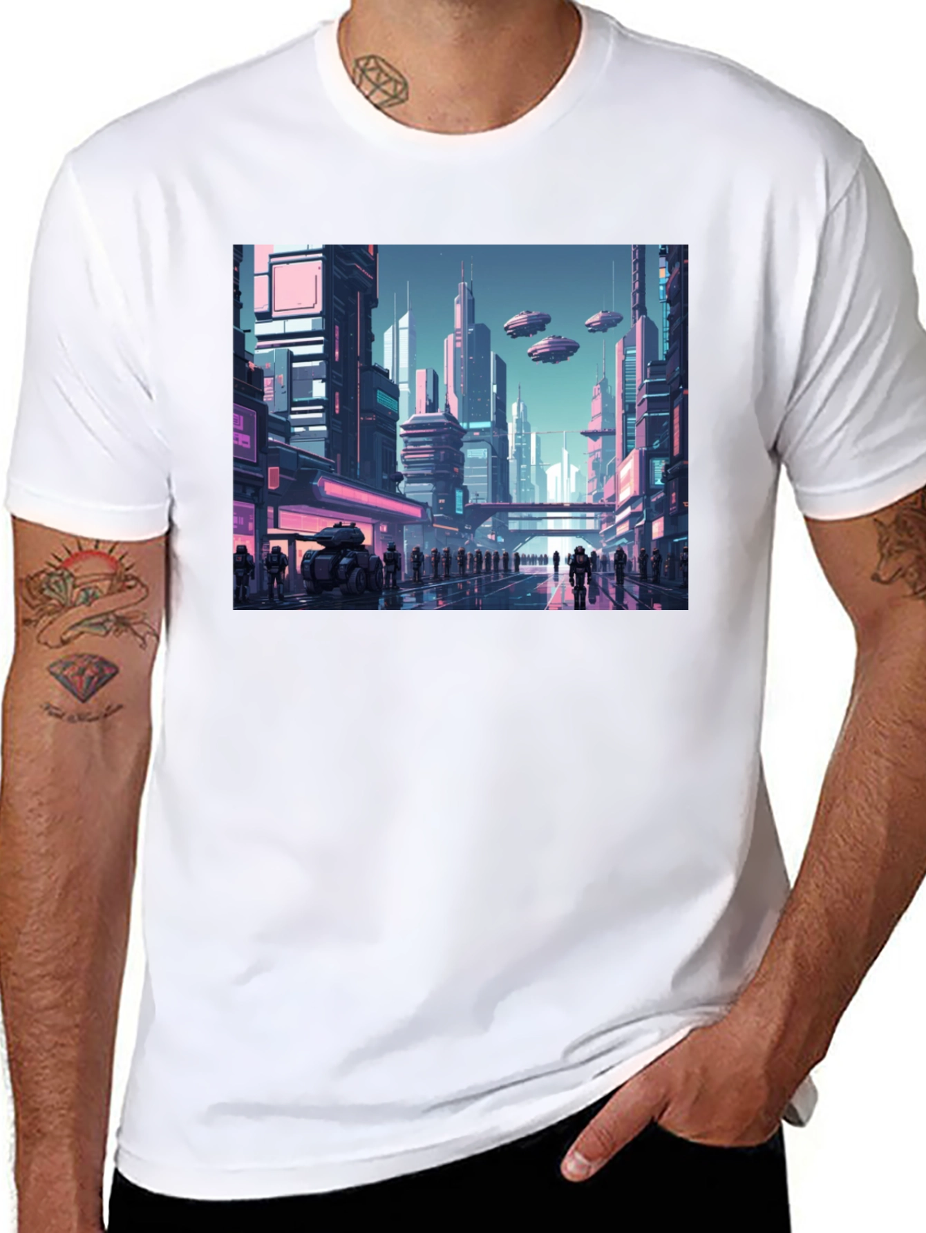 Black Sci-Fi Cityscape Graphic Tee view 8