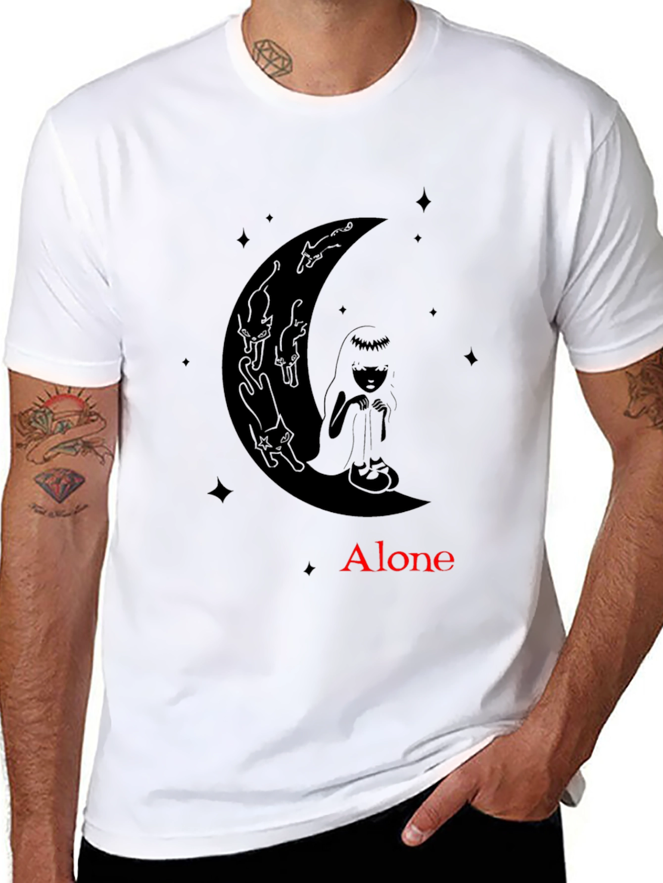 Black Alone Girl & Cats Moon Graphic Tee - Black view 8