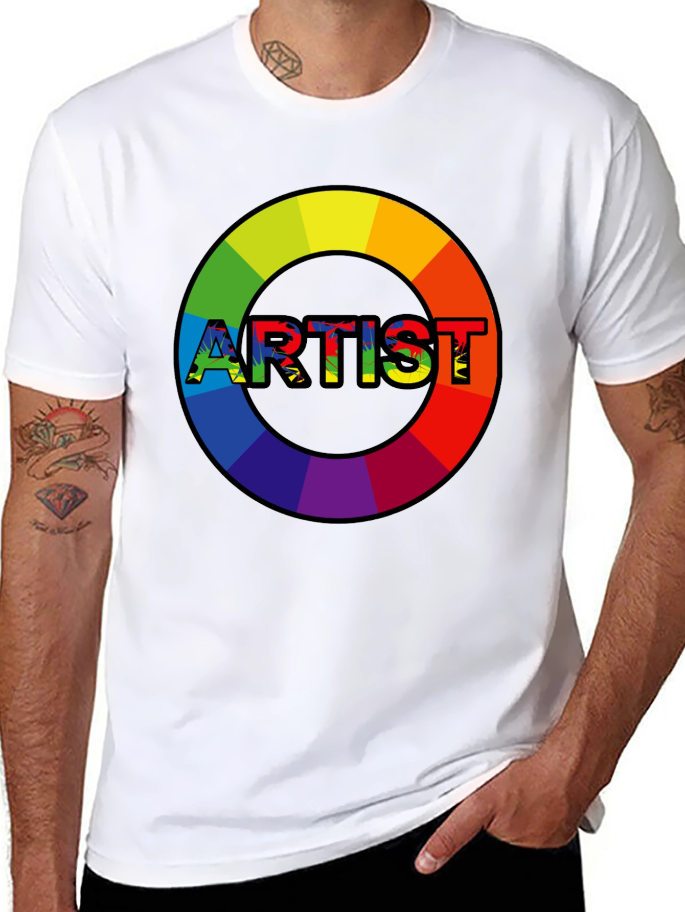 Black Rainbow Artist Circle Graphic Tee - Black Cotton Casual T-Shirt view 8