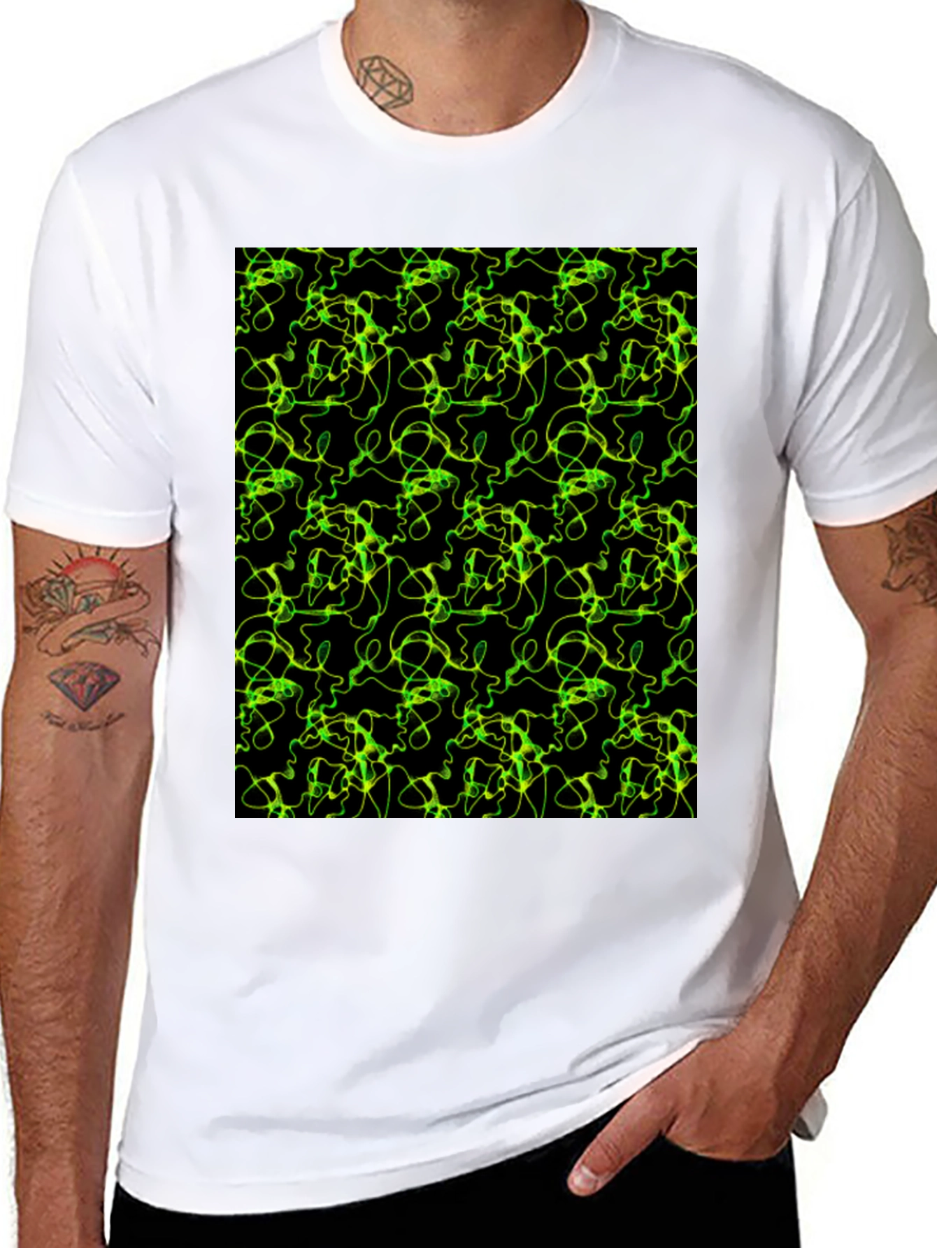 Black Abstract Green Line Pattern Black T-Shirt view 8