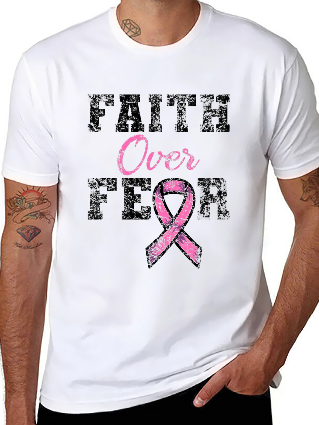 Black Faith Over Fear Breast Cancer Awareness T-Shirt view 8