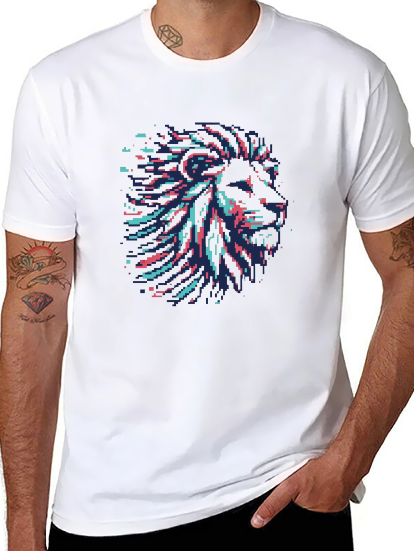 Black Pixel Art Lion Head Graphic Black T-Shirt view 8