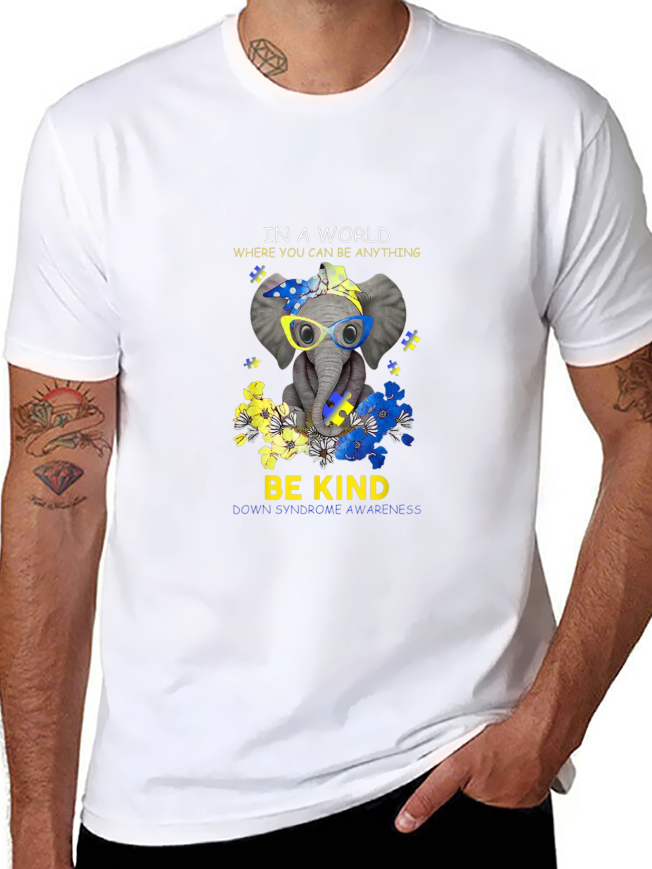 Black Be Kind Down Syndrome Awareness Elephant T-Shirt view 8