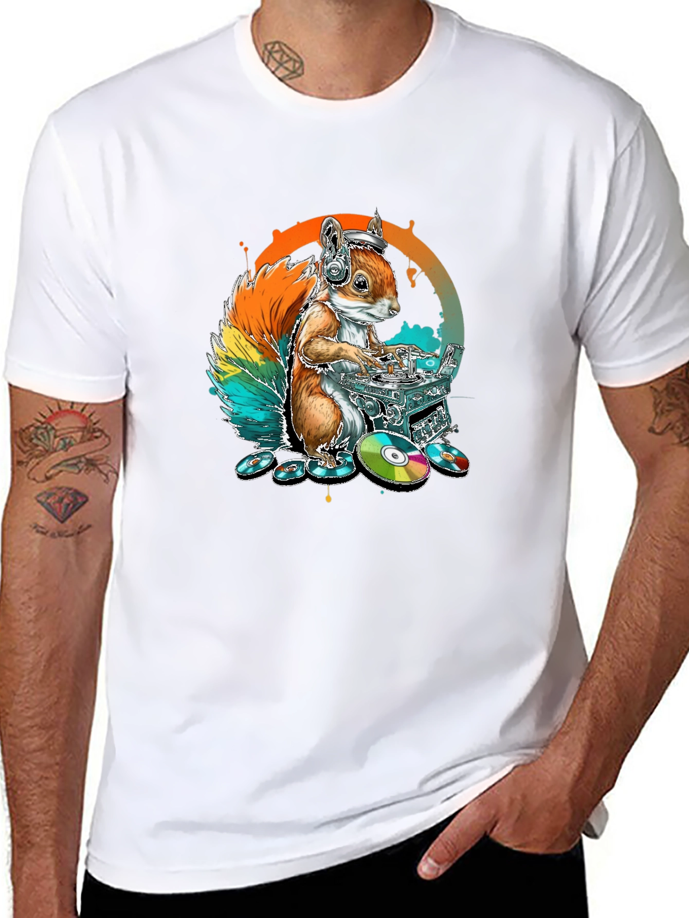 Black DJ Squirrel Graphic Tee - Black Cotton T-Shirt view 8