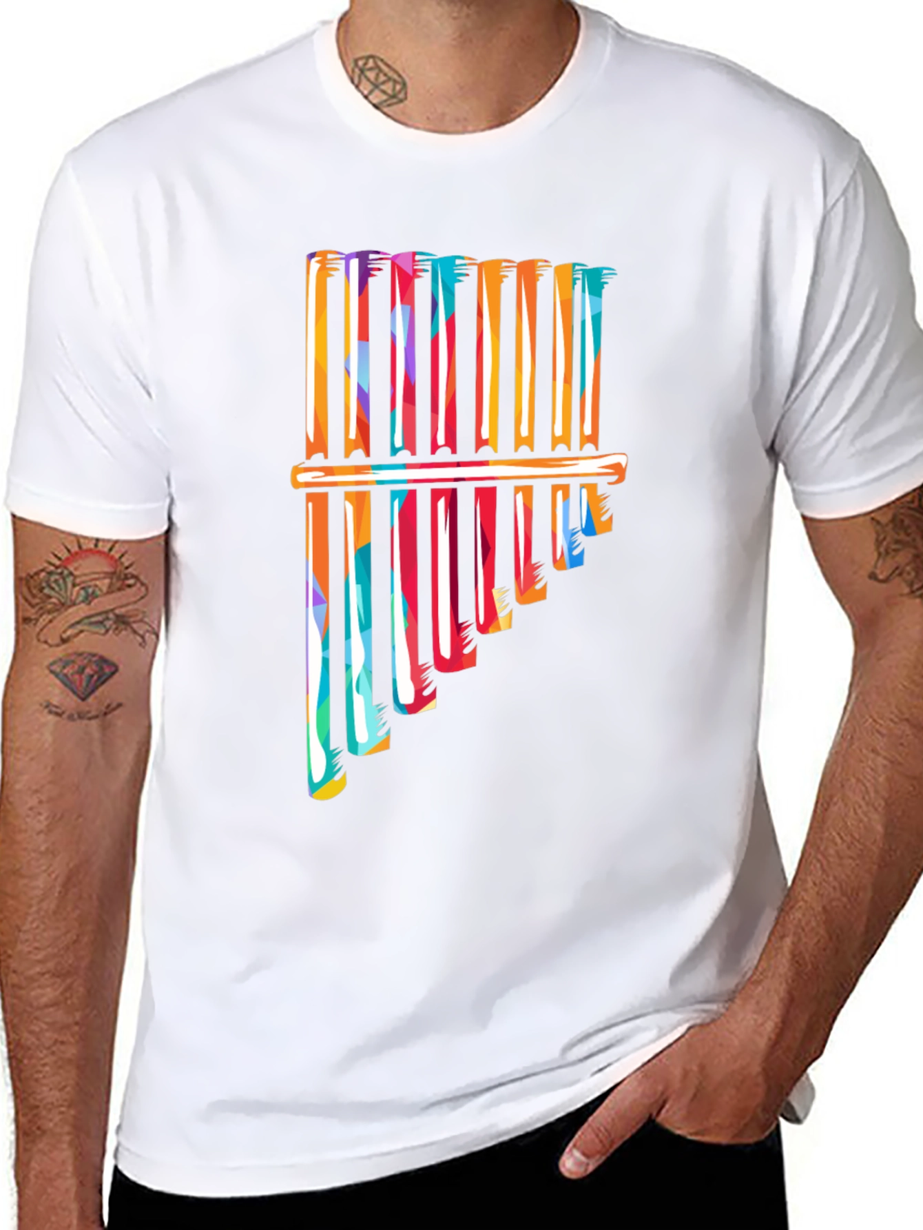Black Colorful Pan Flute Graphic T-Shirt view 8