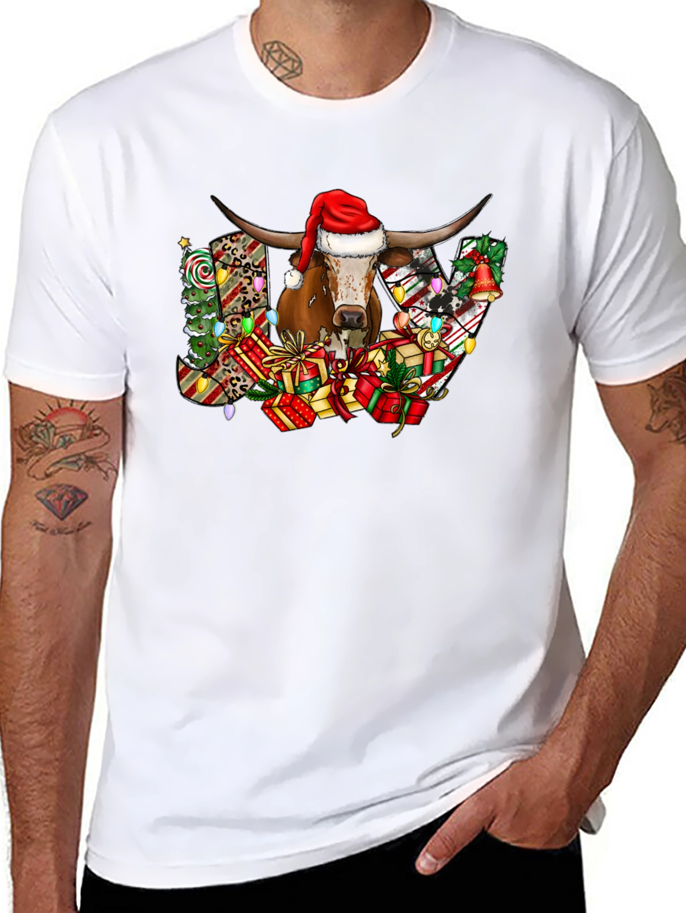 Black Festive Bull JOY Graphic Tee - Christmas Holiday Shirt view 8