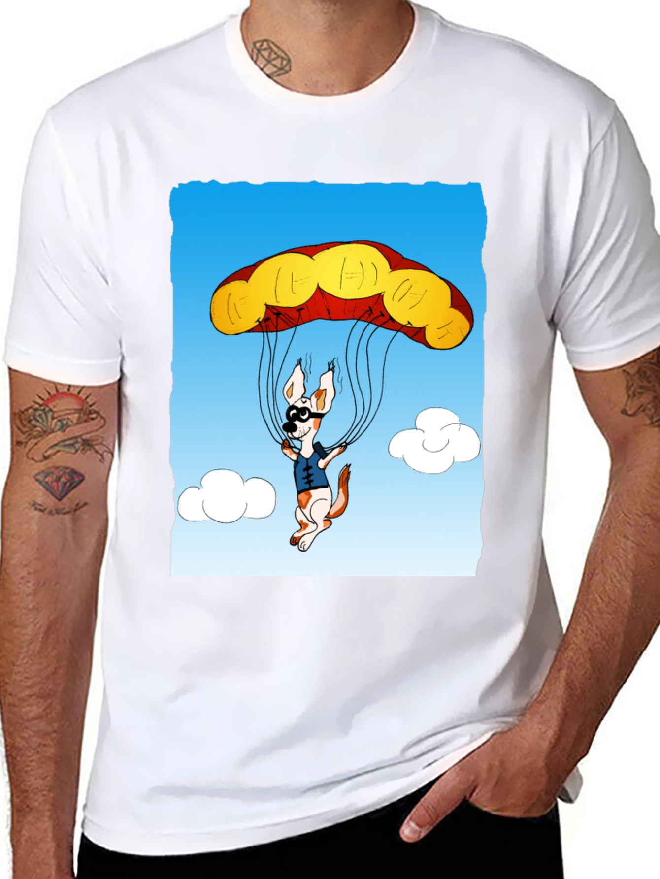Black Parachuting Dog Graphic Tee - Black Cotton T-Shirt view 8