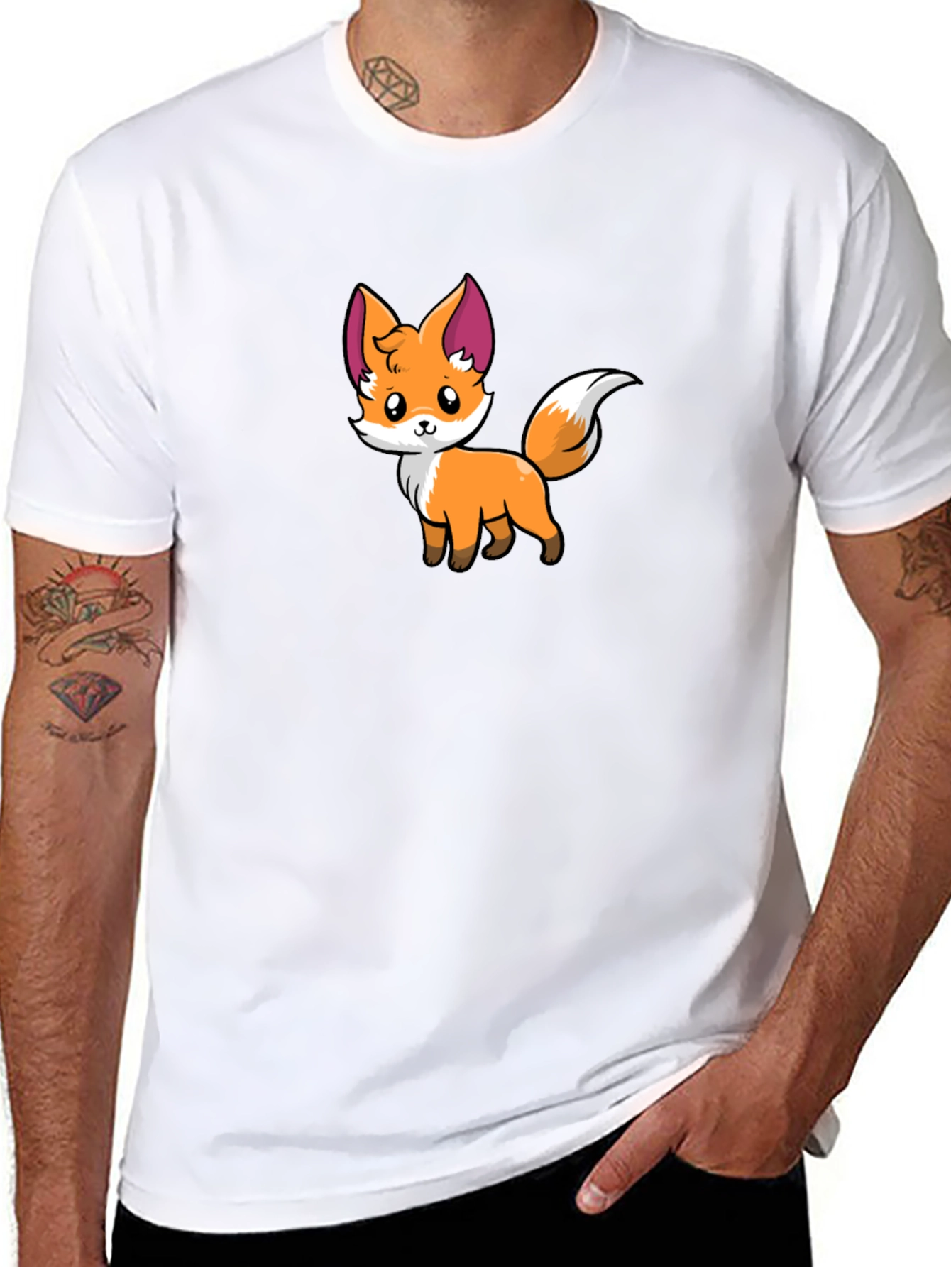 Black Cute Cartoon Fox Graphic Black T-Shirt view 8
