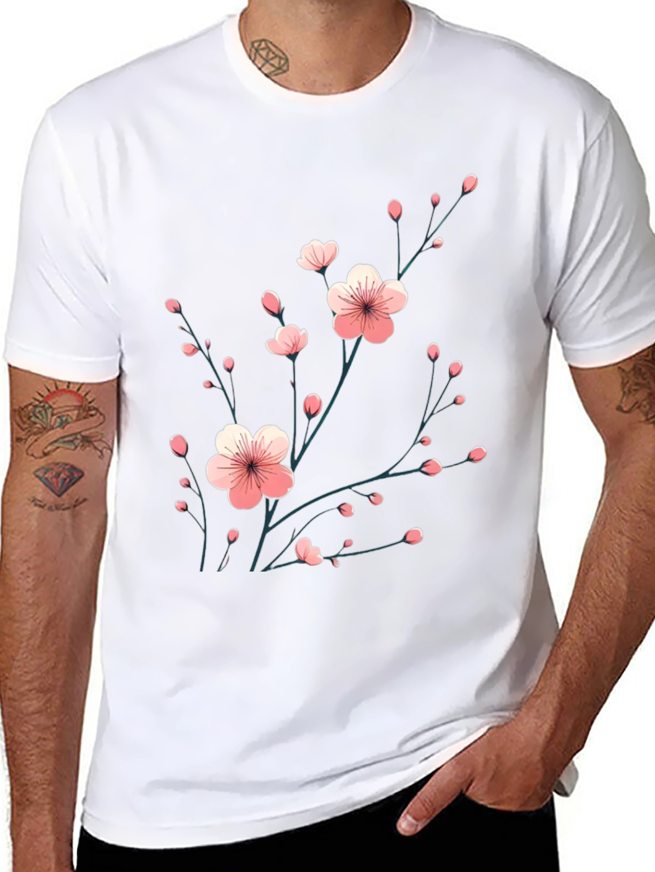 Black Black T-Shirt with Floral Cherry Blossom Design view 8
