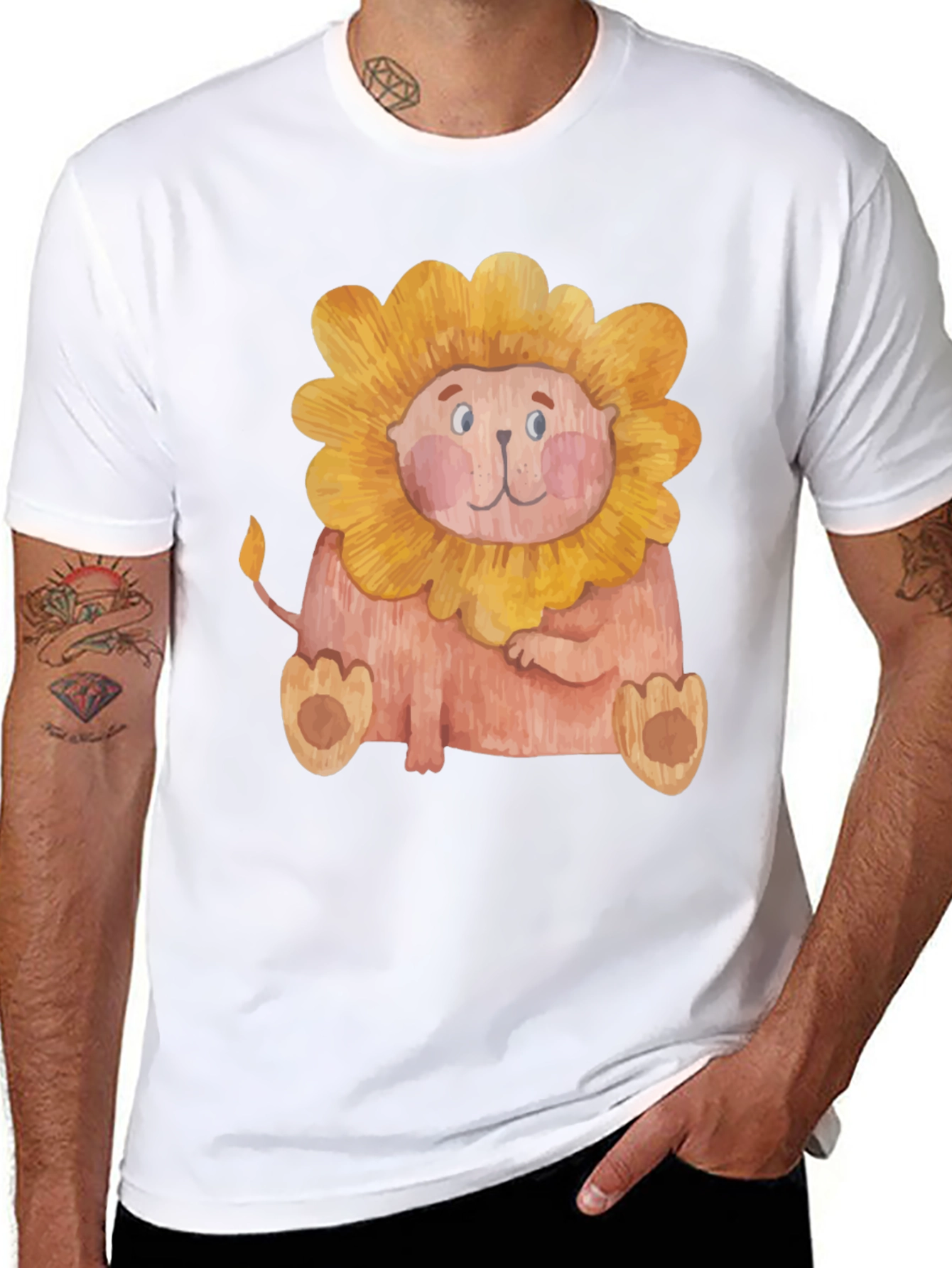 Black Cute Lion Graphic Print Men's Black T-Shirt view 8