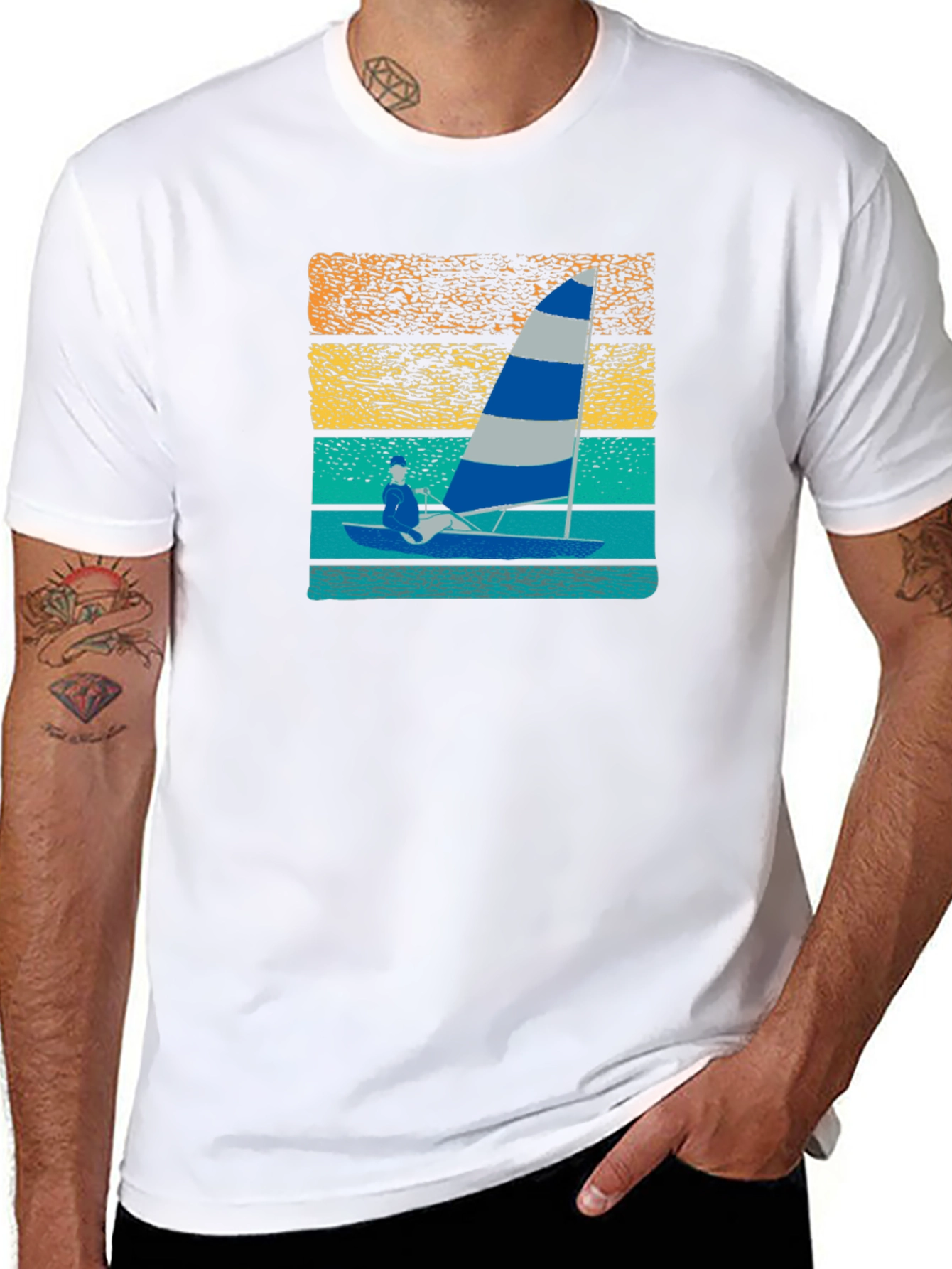 Black Sailing T-Shirt with Retro Sunset Design view 8