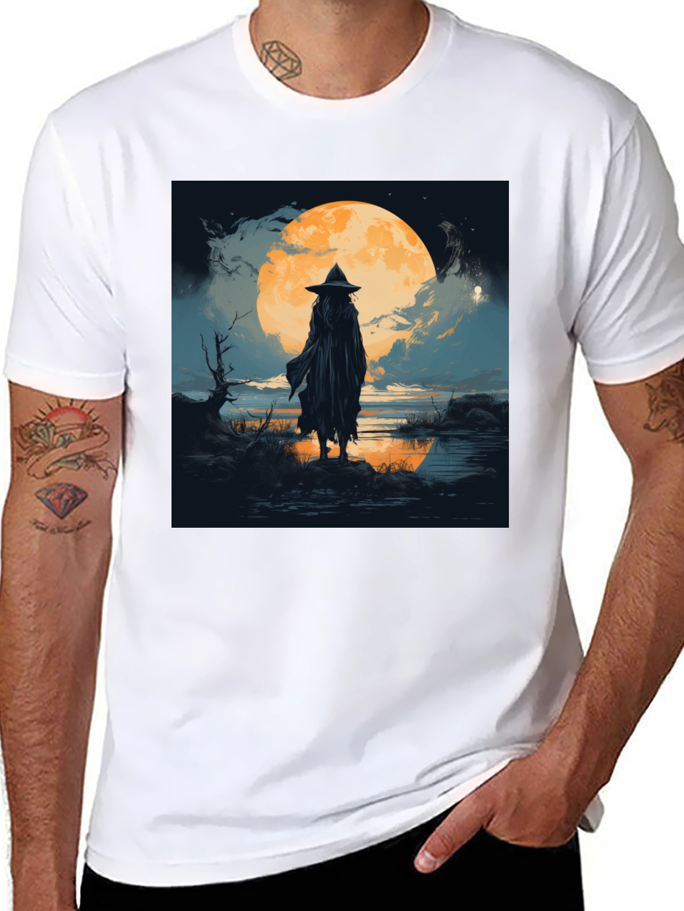 Witch at Moonlight Graphic Tee - Men's Black T-Shirt - 8