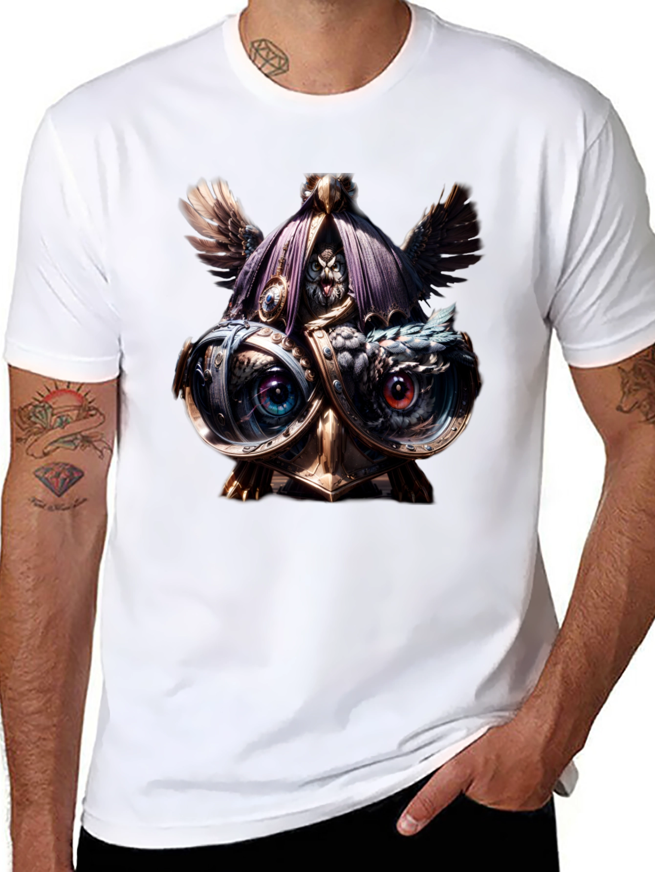 Black Steampunk Owl T-Shirt - Unique Art Tee view 8