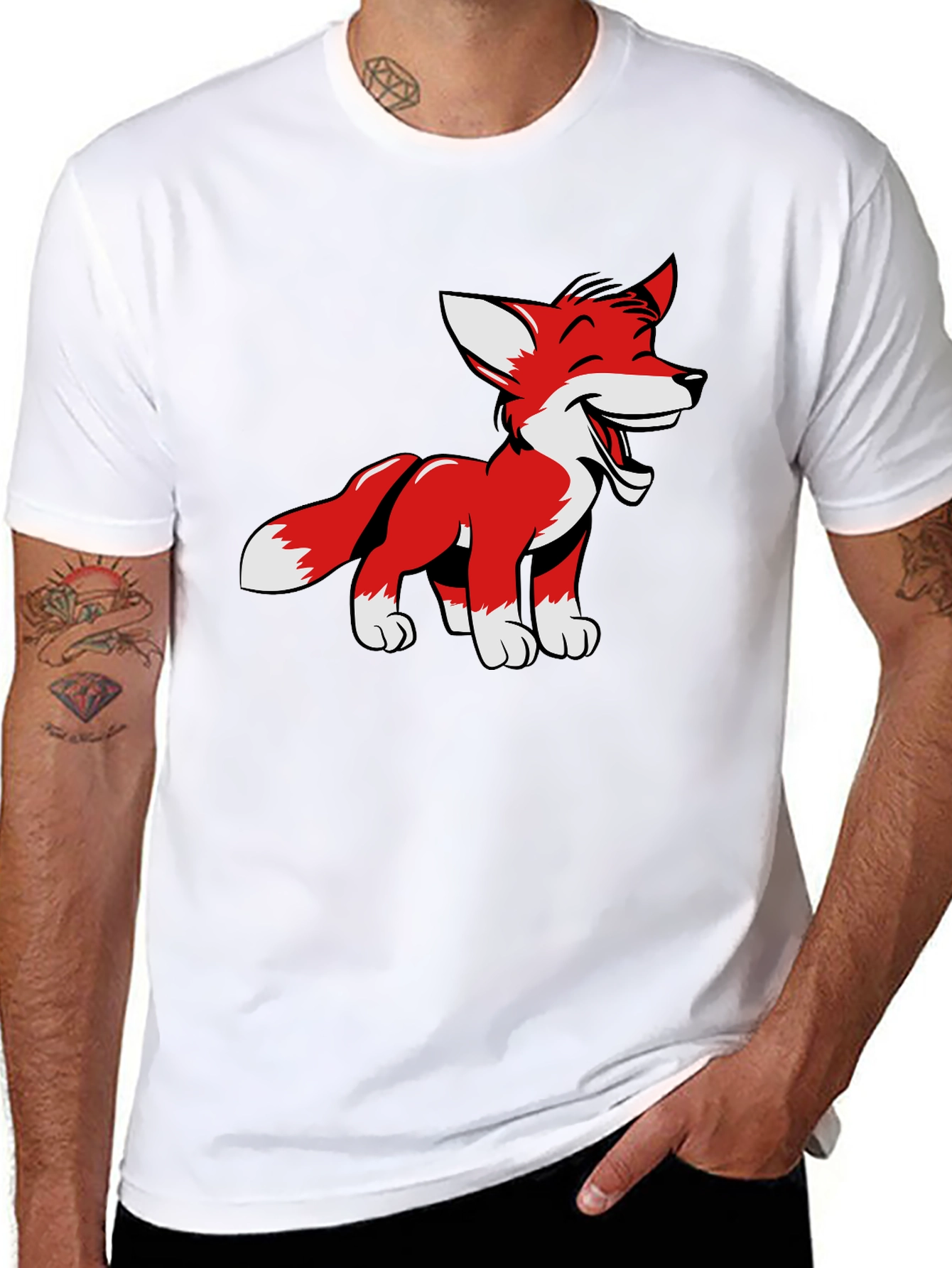 Black Cartoon Fox Graphic Tee - Black Cotton Blend view 8