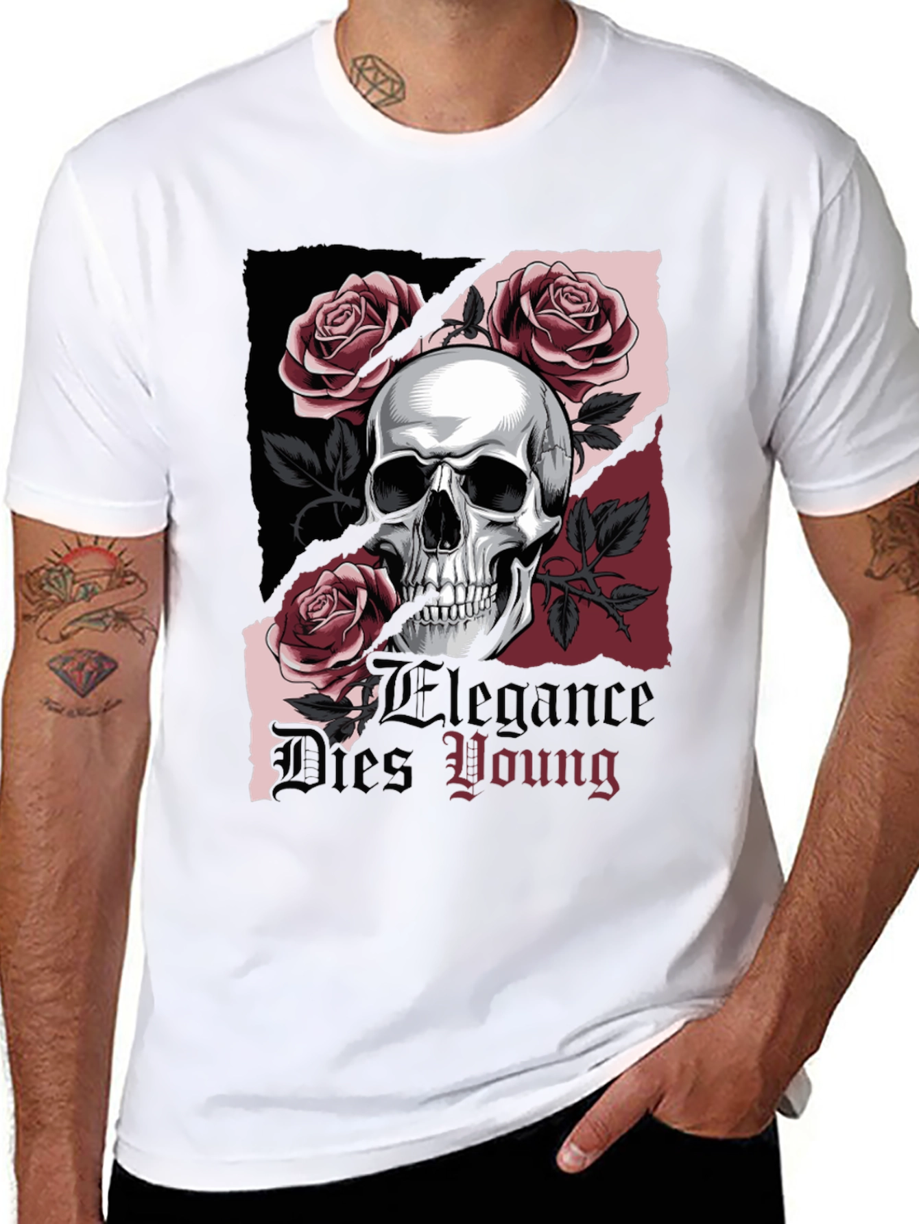 Black Skull & Roses Graphic Tee - Elegance Dies Young view 8