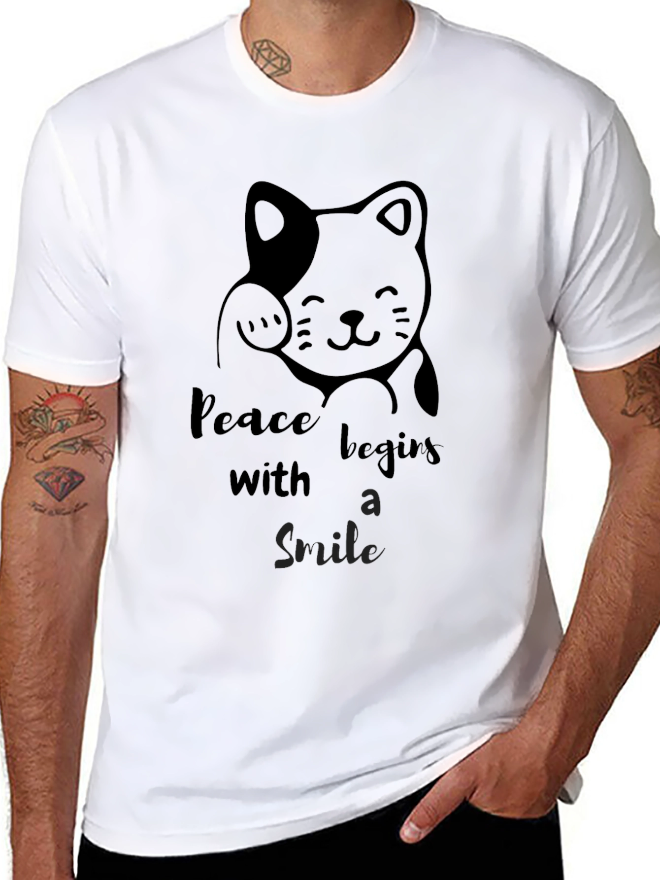 Black Peaceful Cat Graphic Tee - Black Cotton T-Shirt view 8