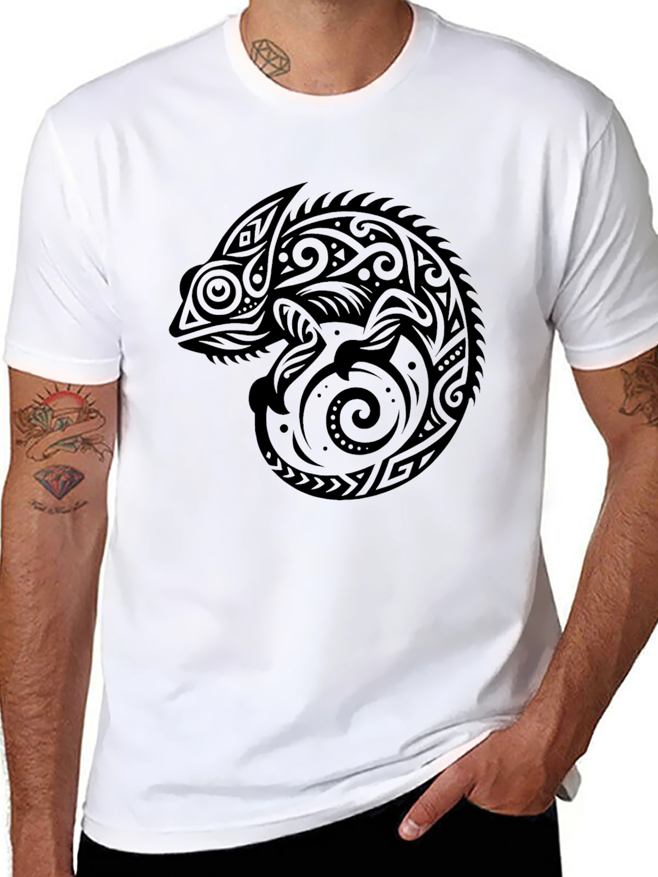 Black Tribal Chameleon Graphic Tee - Men's Black T-Shirt view 8
