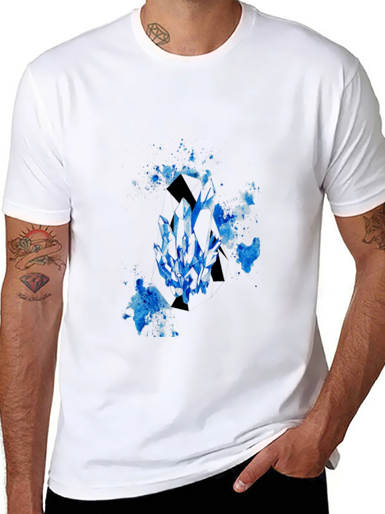 Black Men's Black T-Shirt with Blue Crystal Graphic view 8