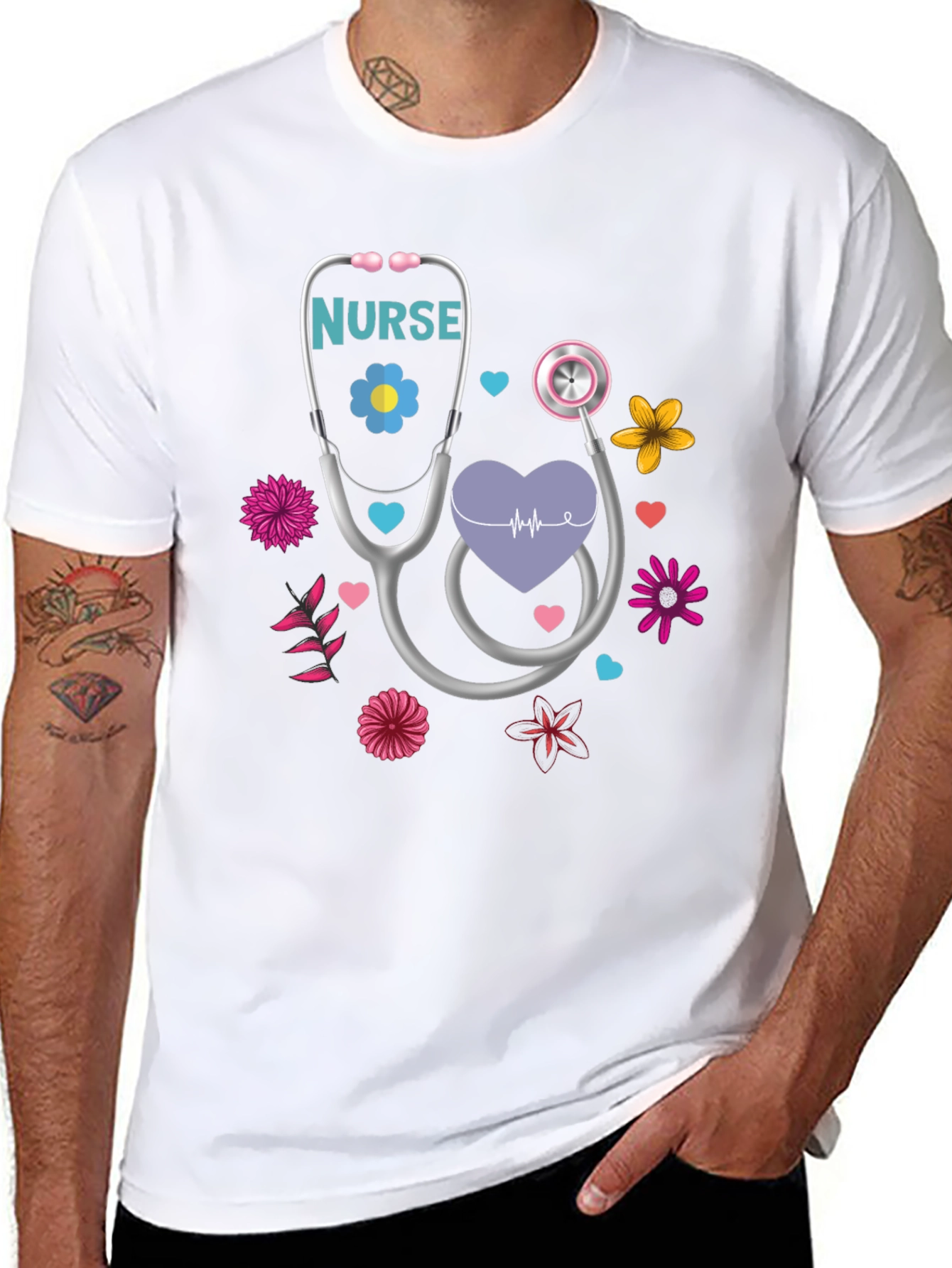 Black Nurse Stethoscope Floral Heart T-Shirt view 8