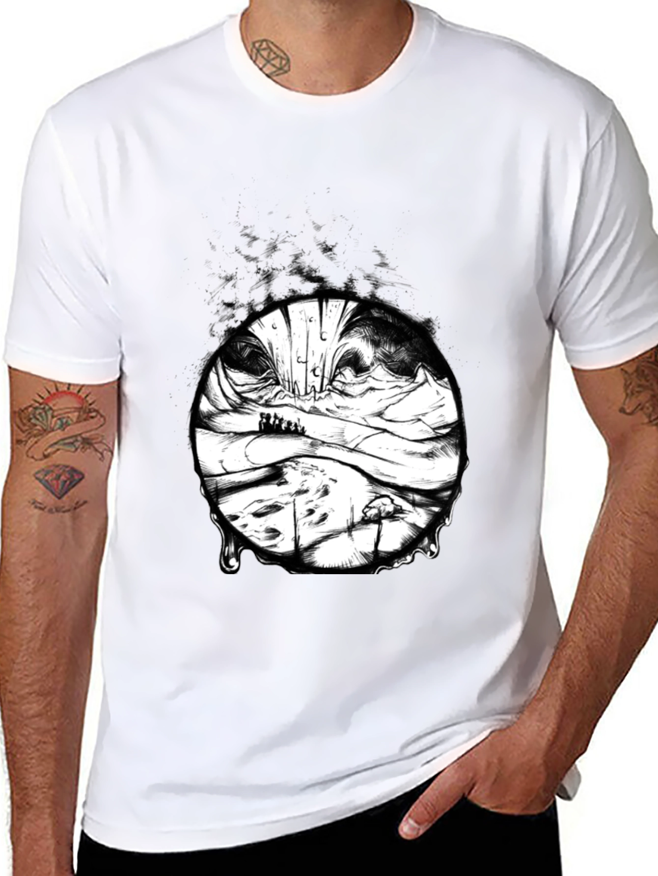 Black Artistic Black T-Shirt with Surreal Landscape Print view 8