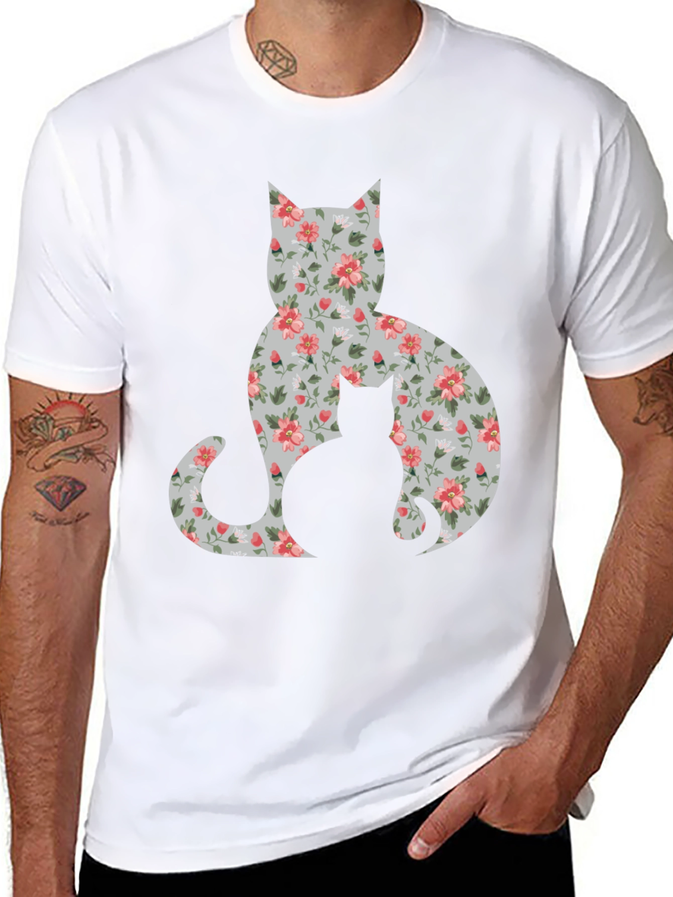 Black Floral Cat Silhouette T-Shirt - Stylish Tee view 8