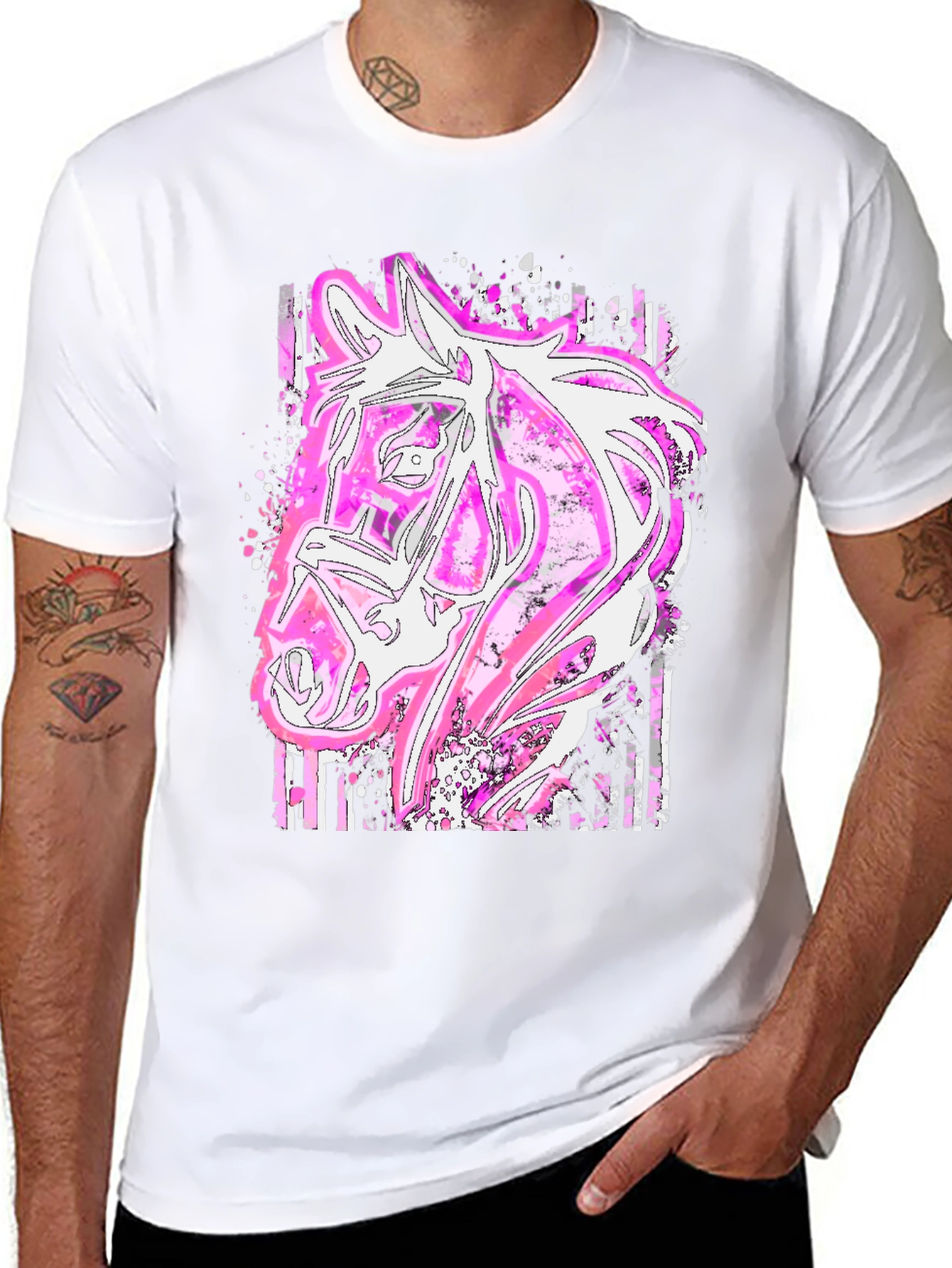 Black Pink Horse Graphic Tee - Stylish Animal Print Shirt view 8