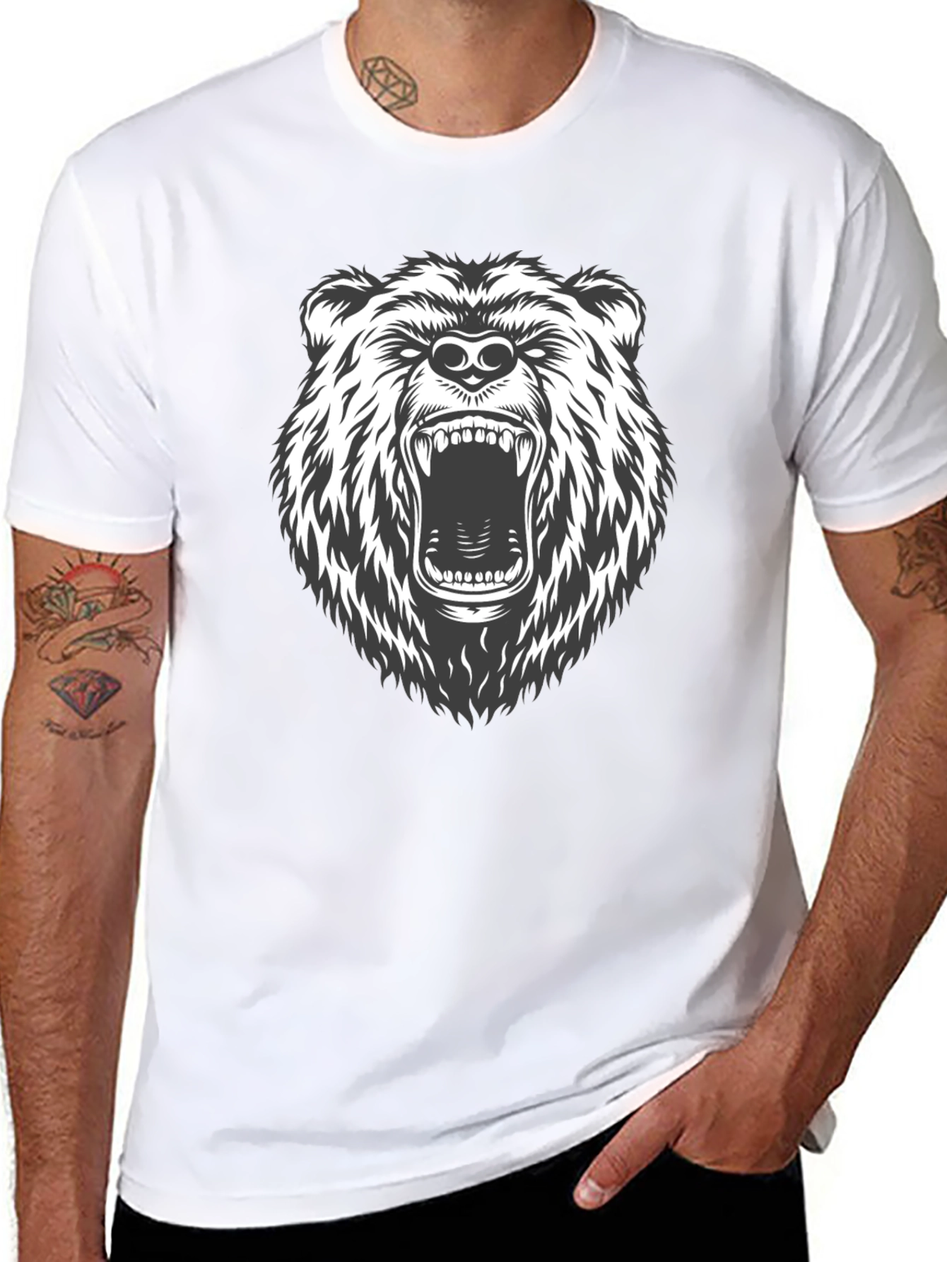 Black Men's Black T-Shirt with Roaring Bear Graphic view 8