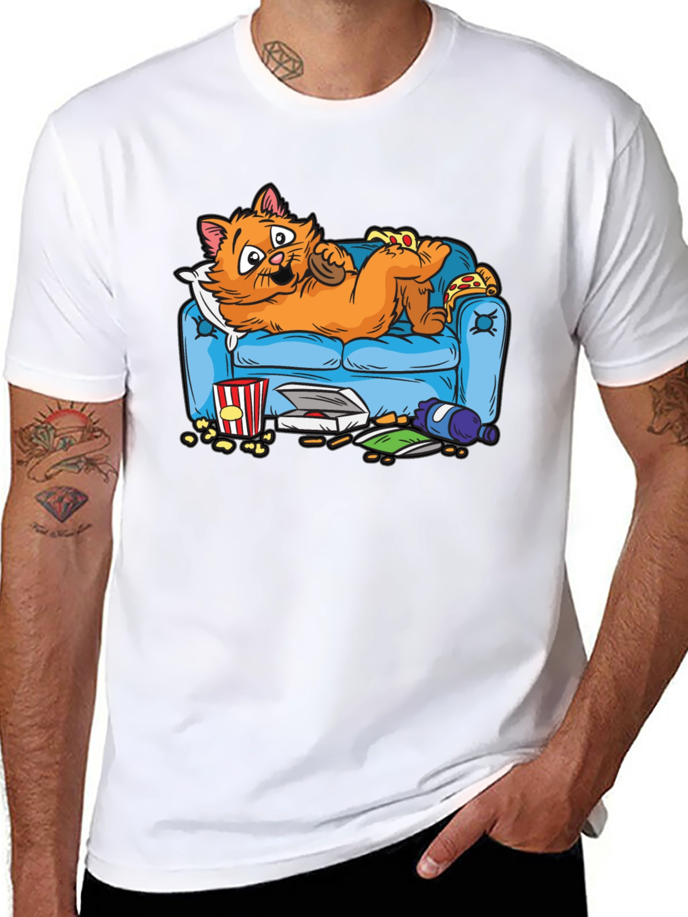 Black Funny Cat on Couch Men's T-Shirt - Pizza & Snacks! view 8