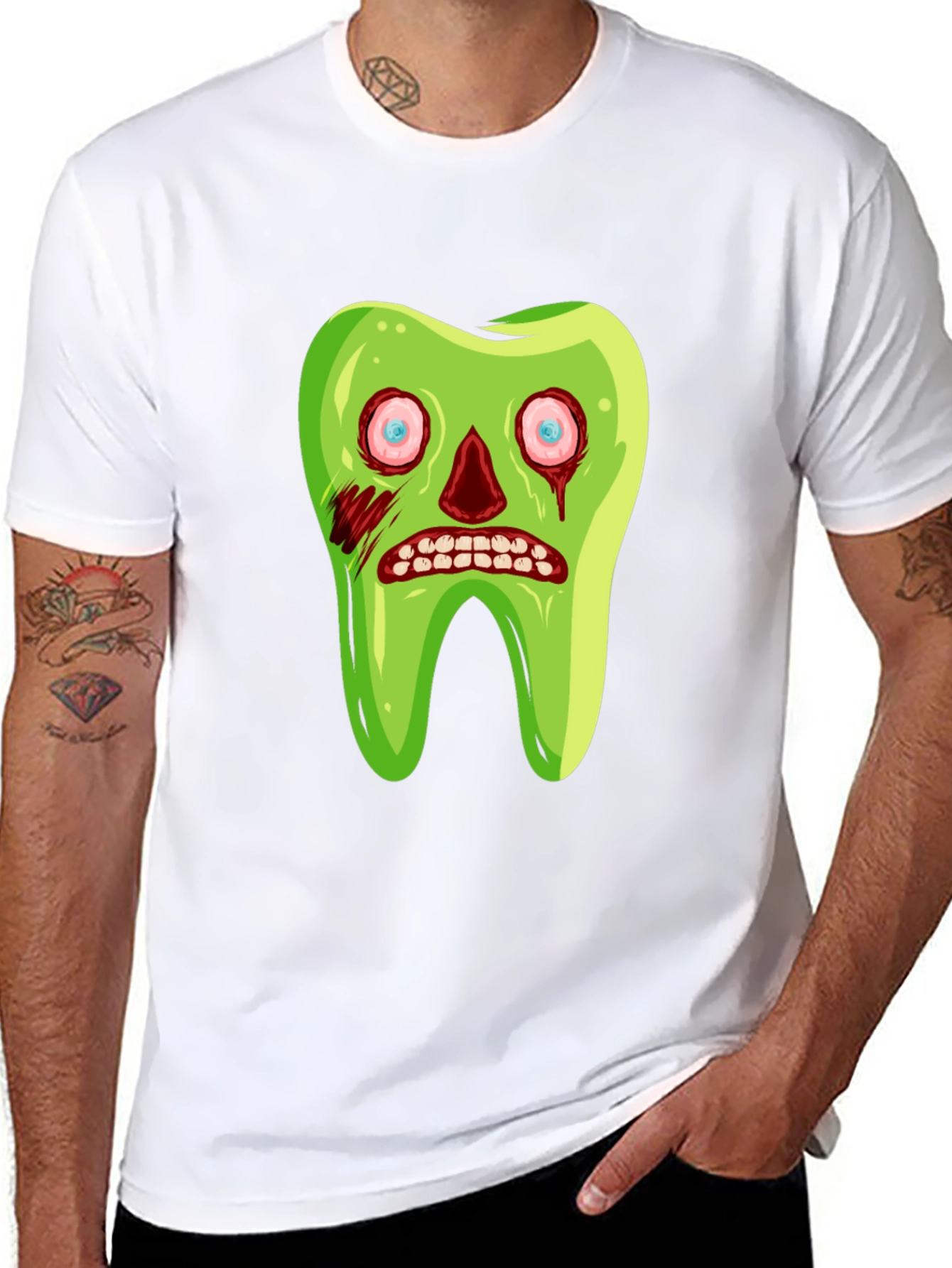 Black Zombie Tooth Graphic Tee - Novelty Halloween Shirt view 8