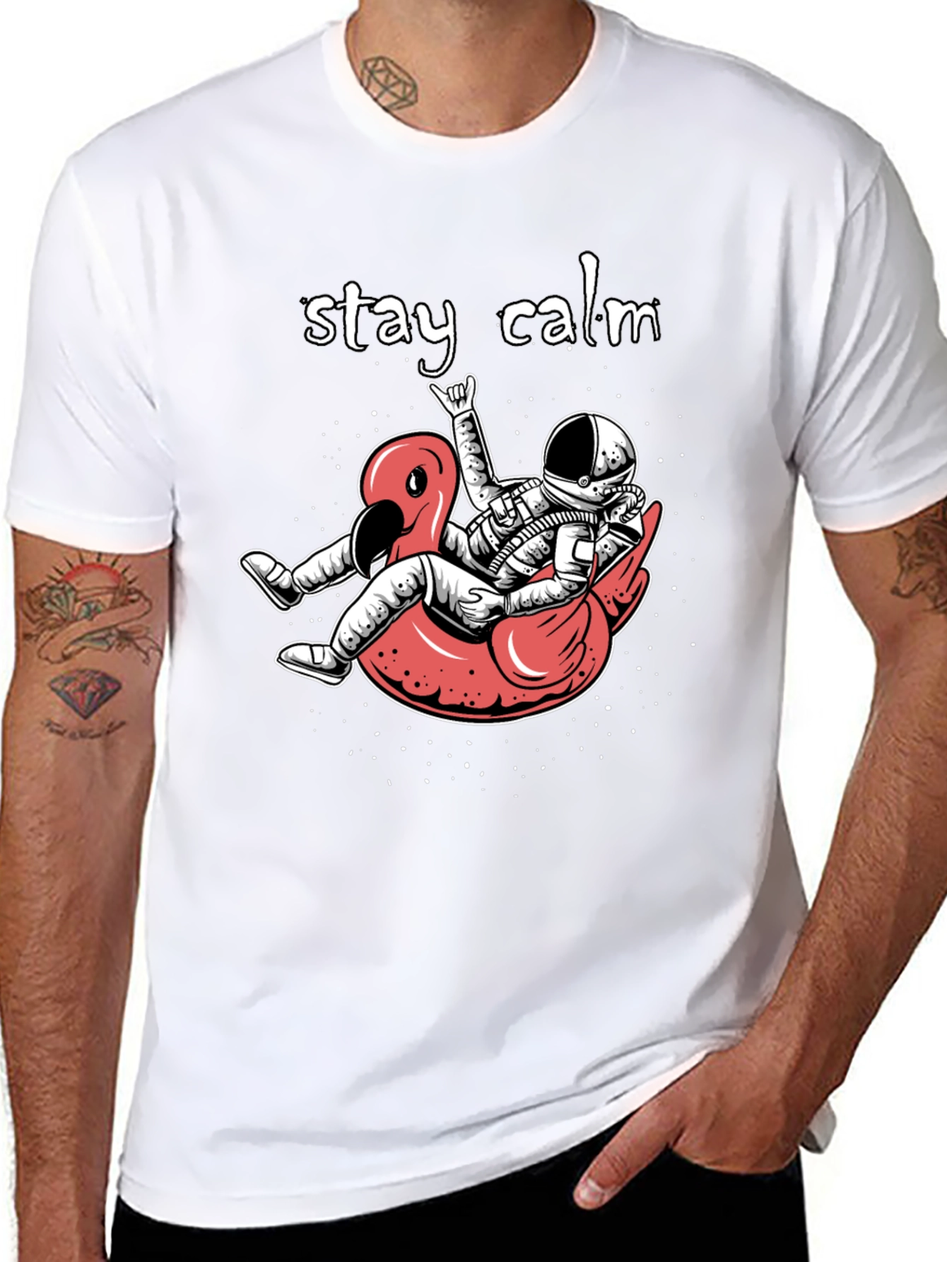 Stay Calm Astronaut Flamingo Graphic Tee - 8