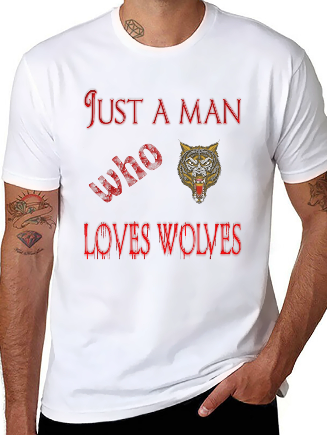 Black Just A Man Who Loves Wolves Black T-Shirt view 8