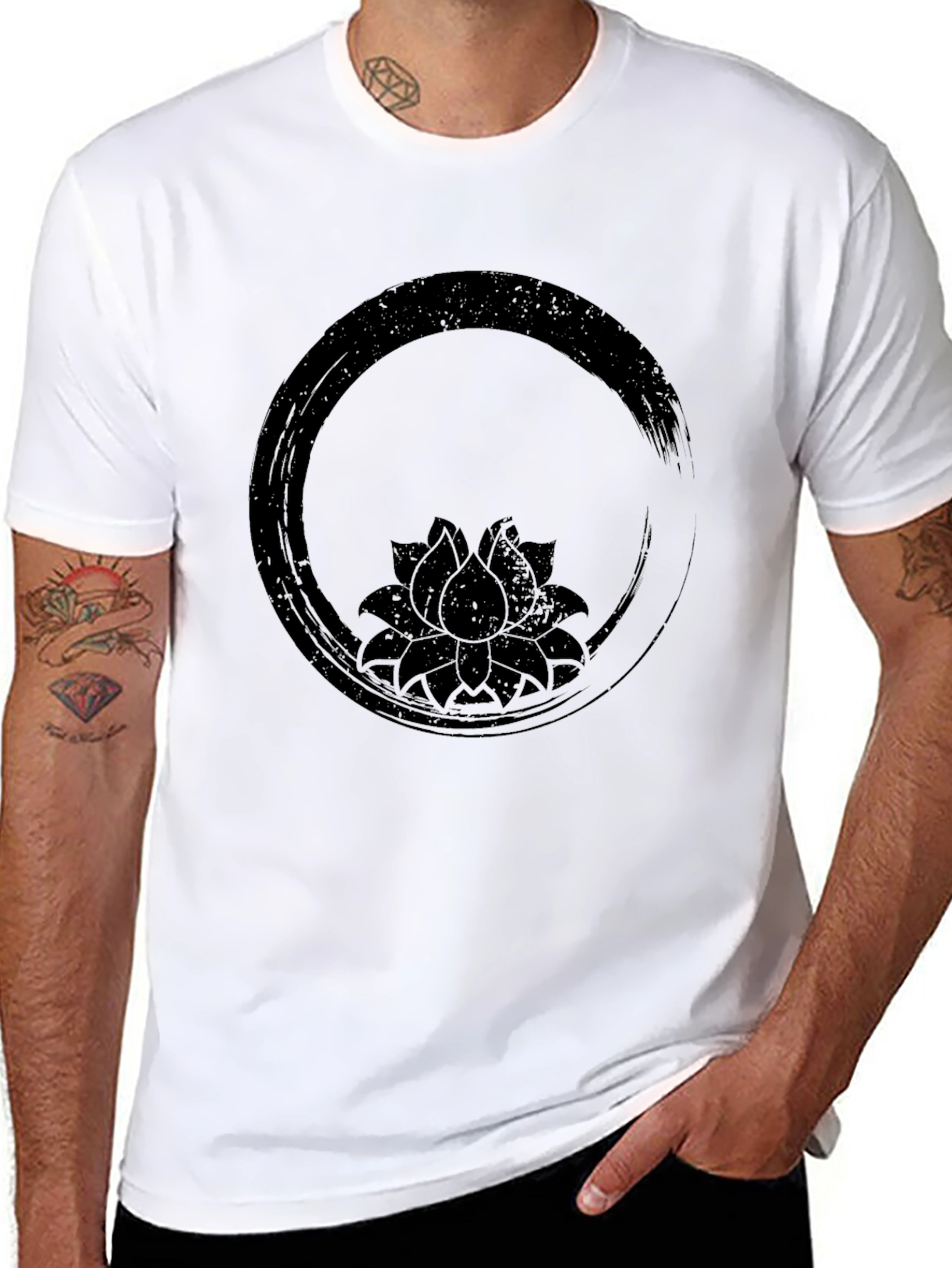 Black Black T-Shirt with Lotus Flower Enso Circle Design view 8
