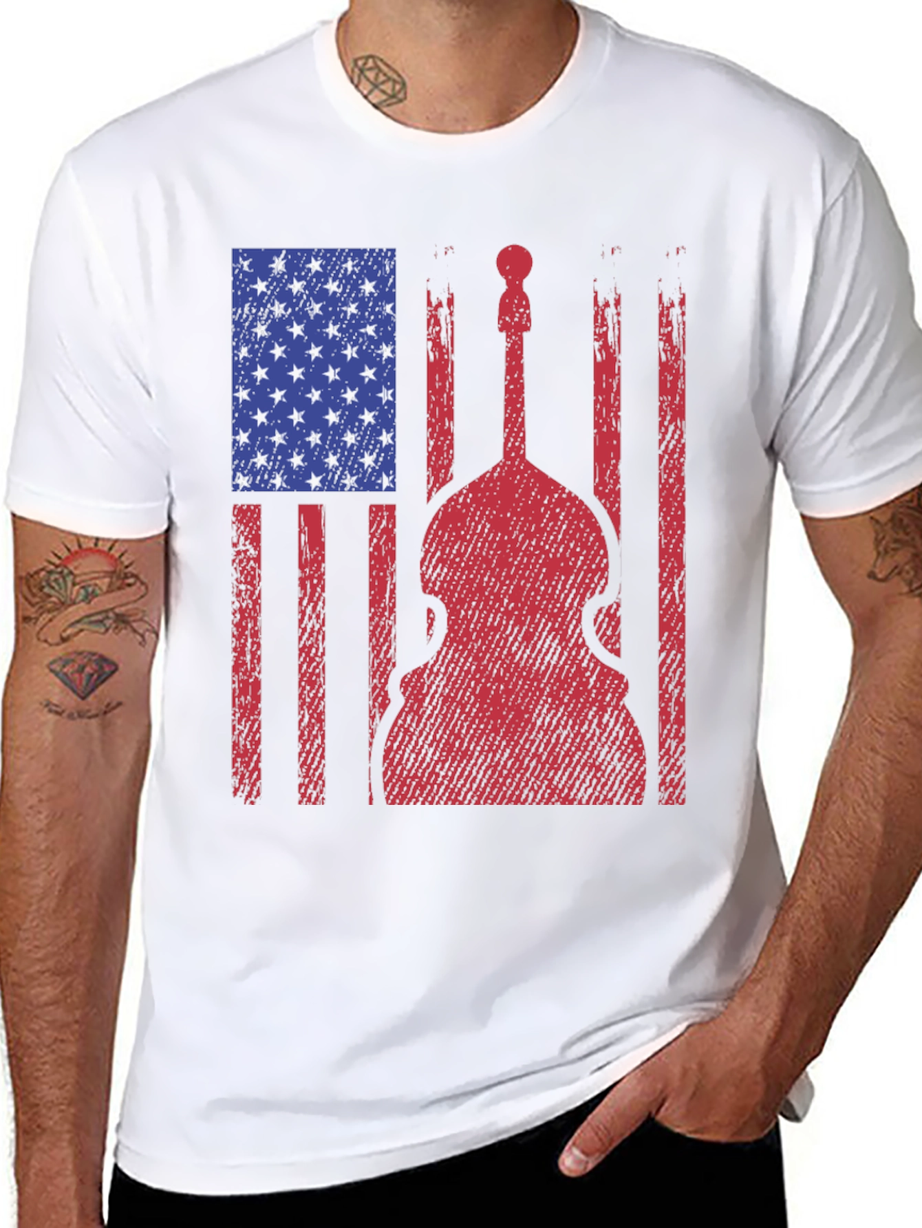 Black American Flag Bass Guitar Graphic T-Shirt view 8