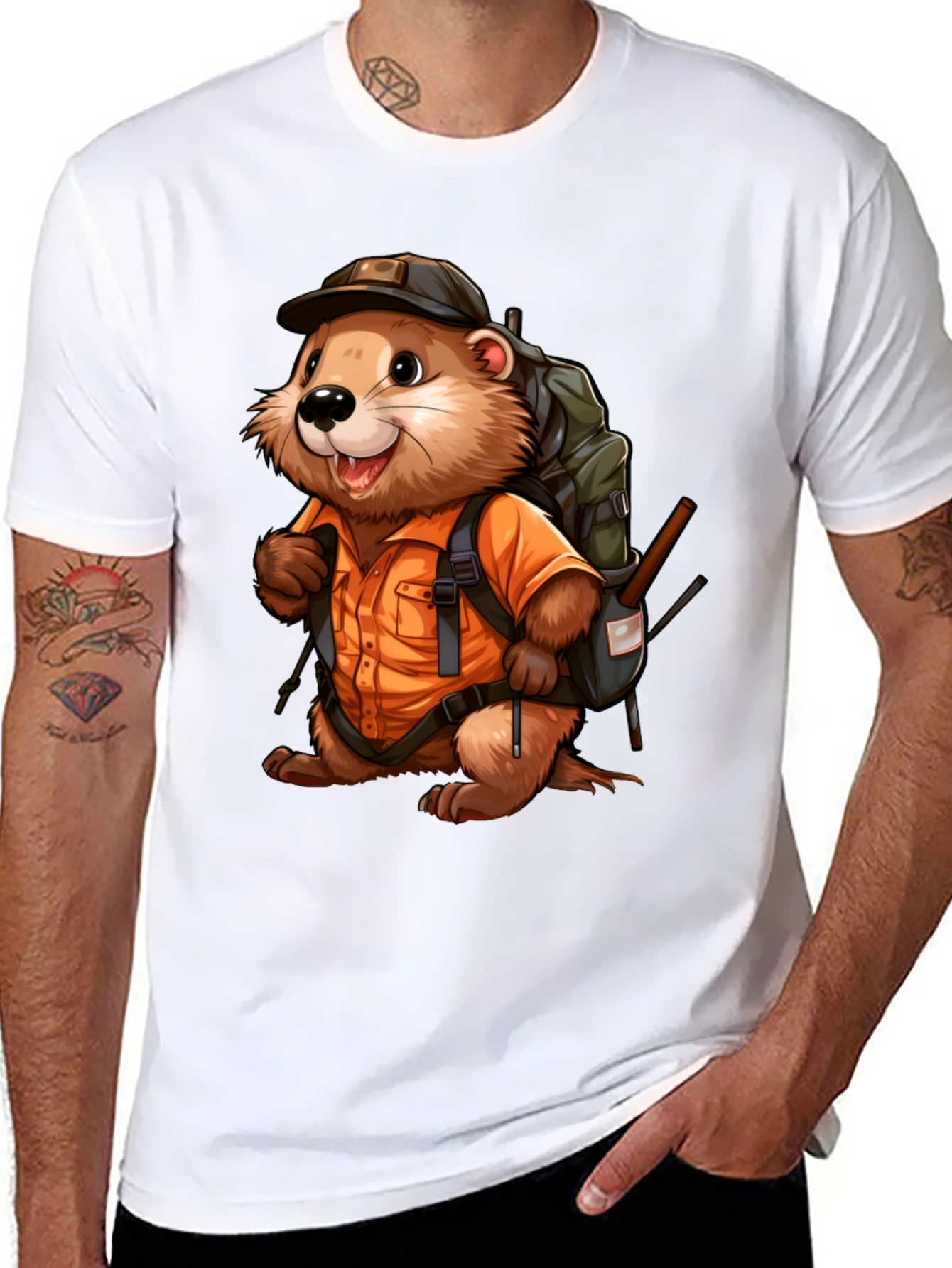 Black Cartoon Beaver Hiker Graphic T-Shirt view 8