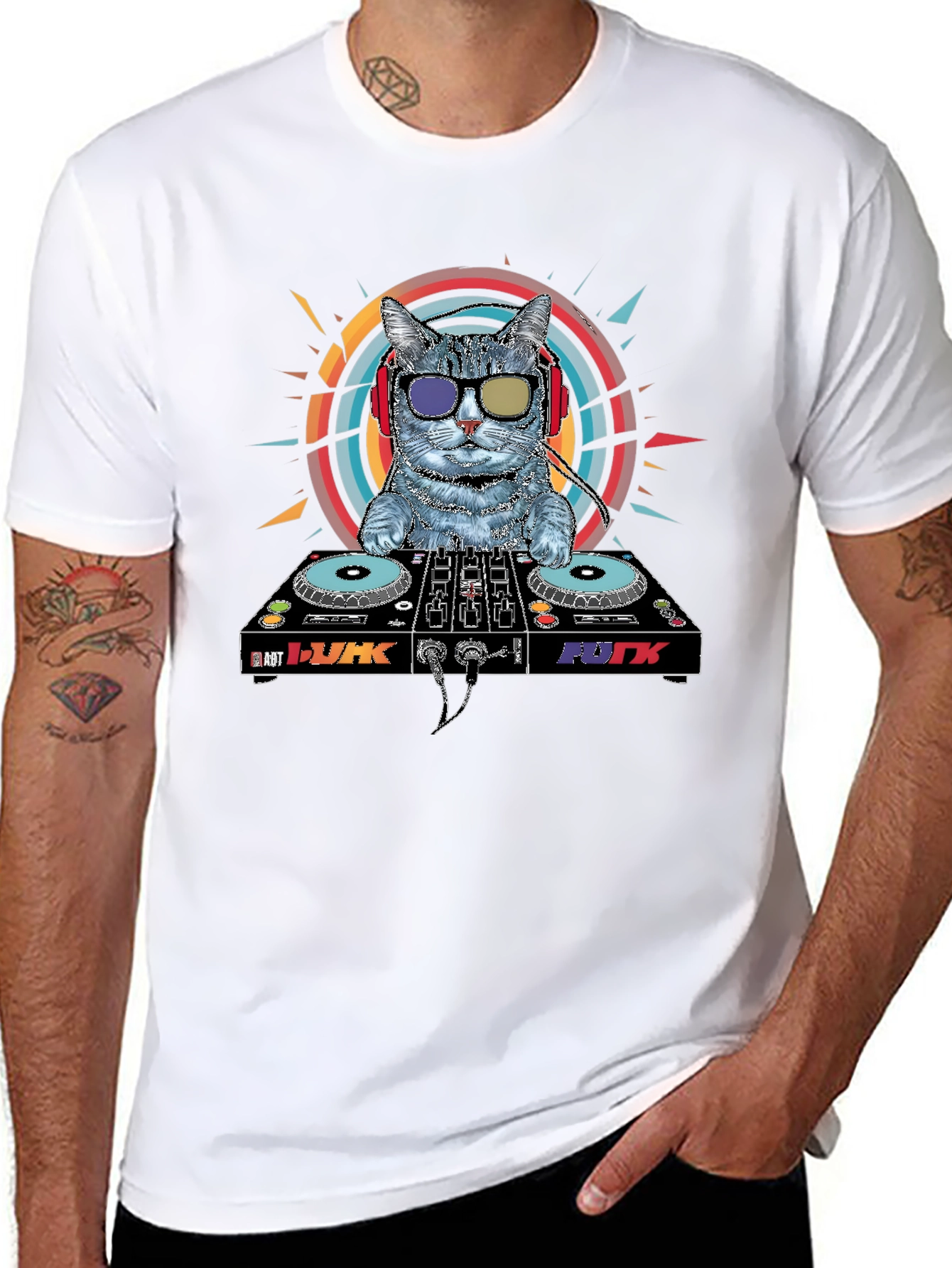 Black DJ Cat Graphic T-Shirt - Music Lover Apparel view 8