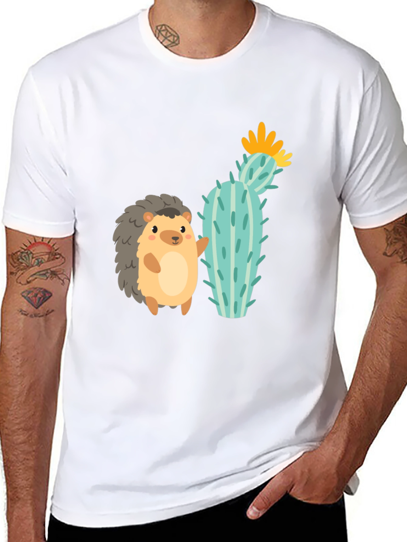 Black Cute Hedgehog & Cactus Graphic Tee - Unisex Black T-Shirt view 8