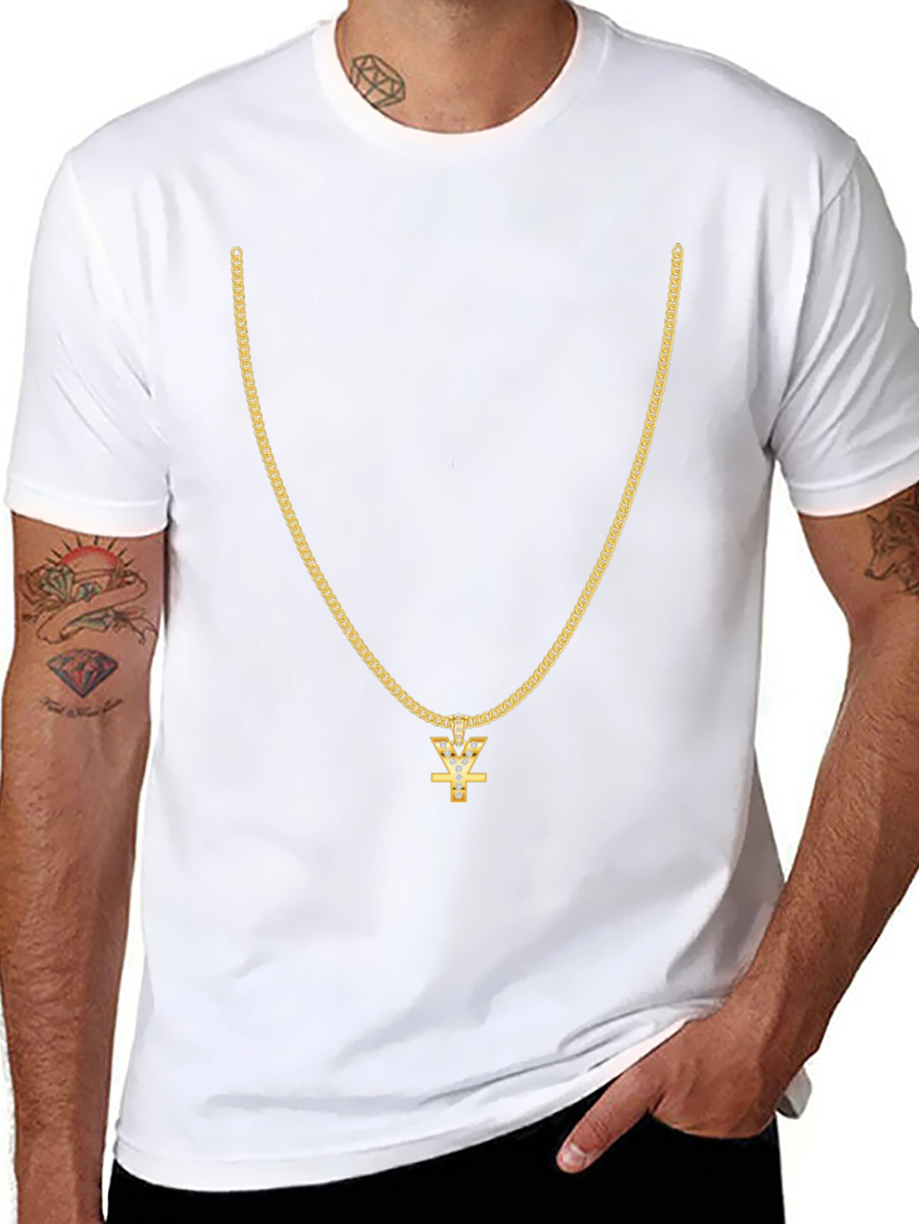 Black Men's Black T-Shirt with Gold Chain Design view 8