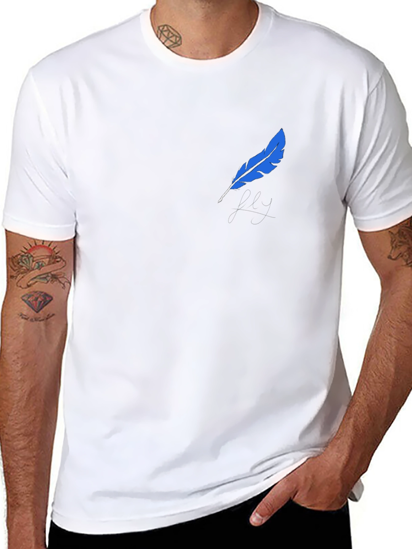 Black Black T-Shirt with Blue Feather Graphic view 8