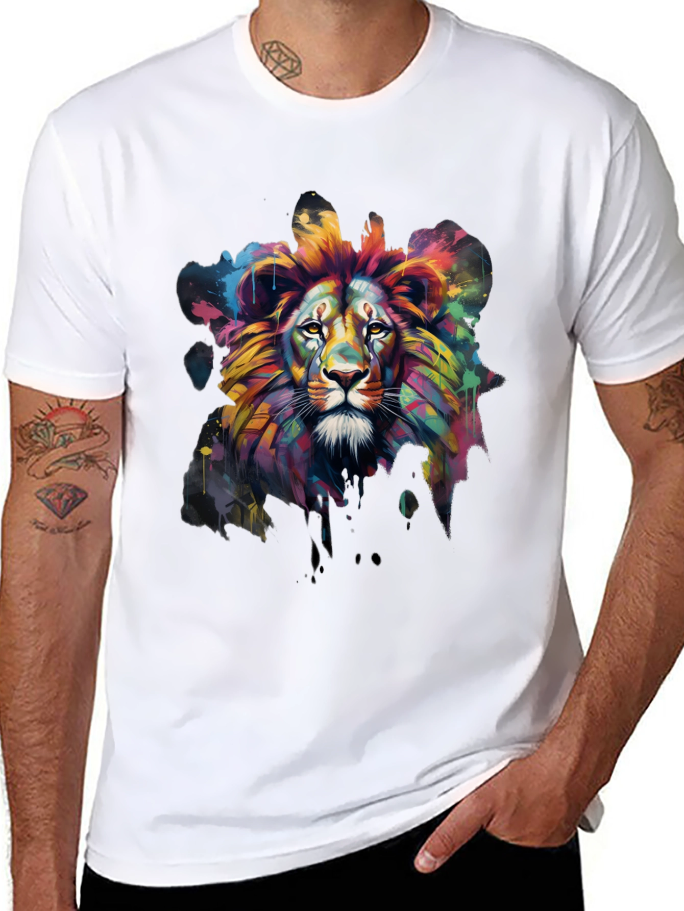 Black Colorful Lion Graphic Tee - Men's Black T-Shirt view 8