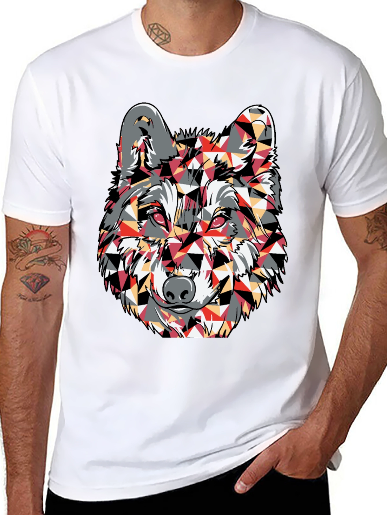 Black Geometric Wolf Graphic Print T-Shirt view 8