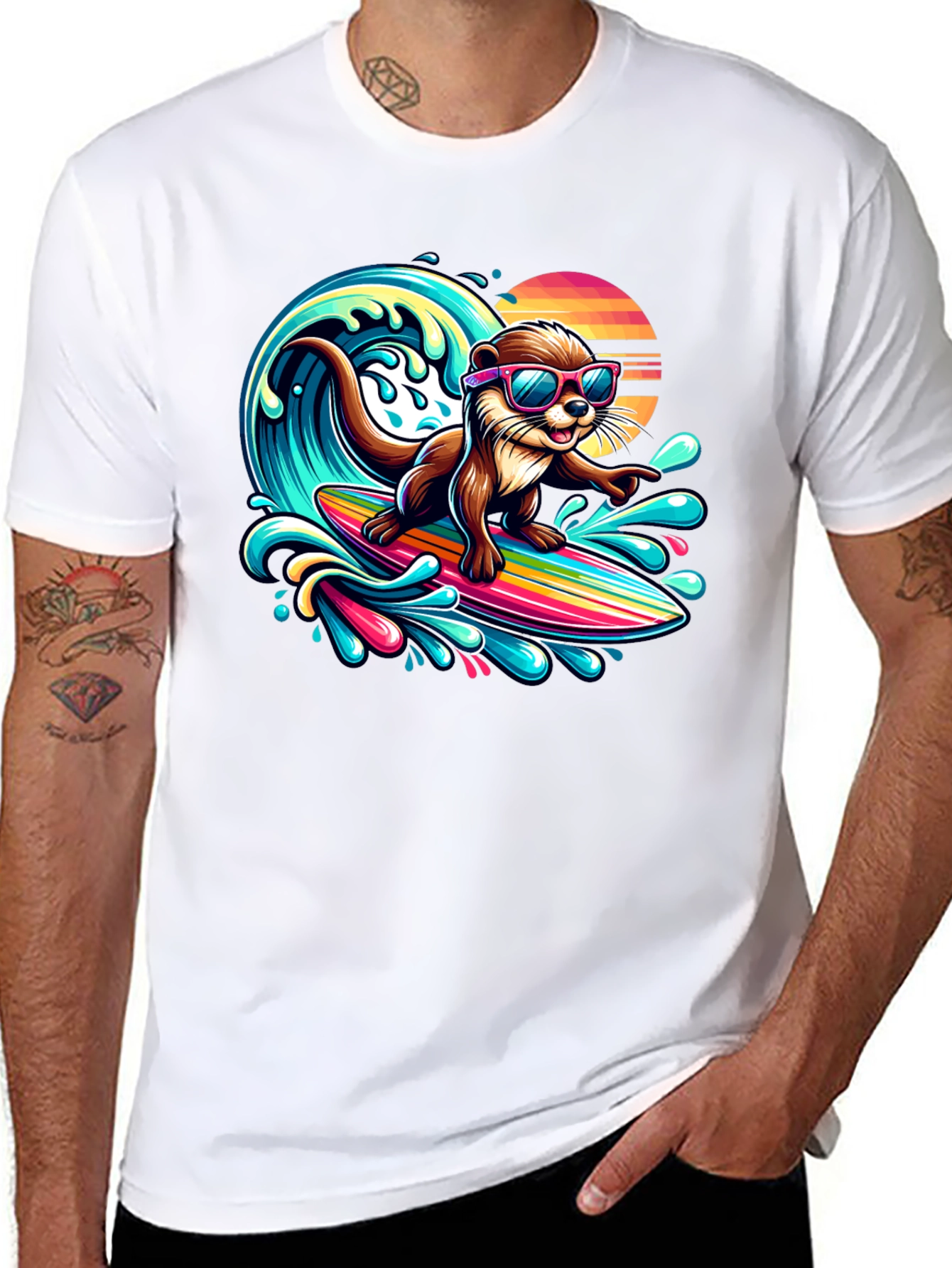 Black Surfing Otter T-Shirt - Cool Cartoon Graphic Tee view 8