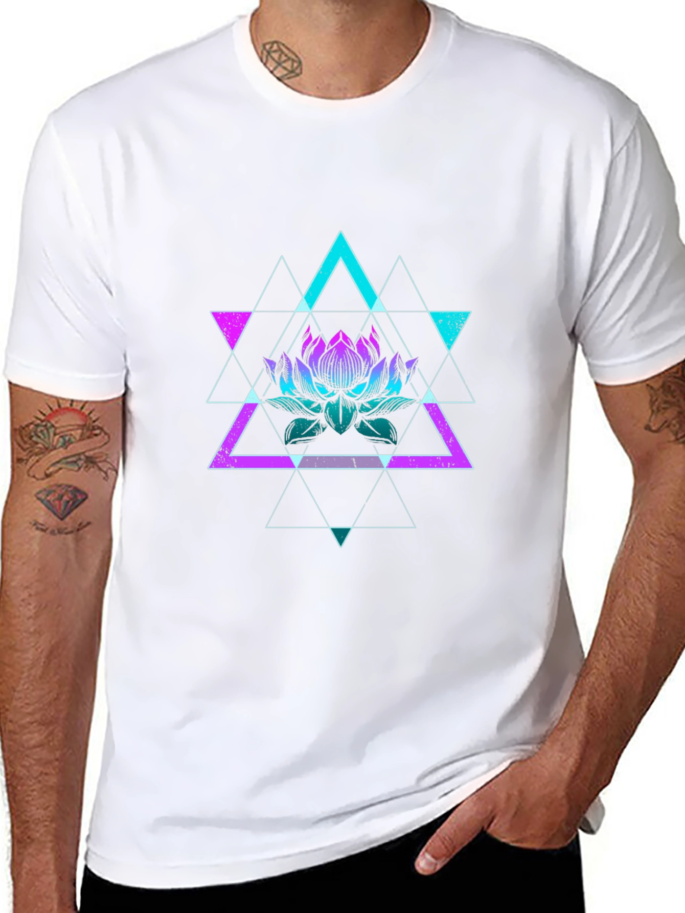 Black Geometric Lotus Graphic Tee - Black Cotton Shirt view 8